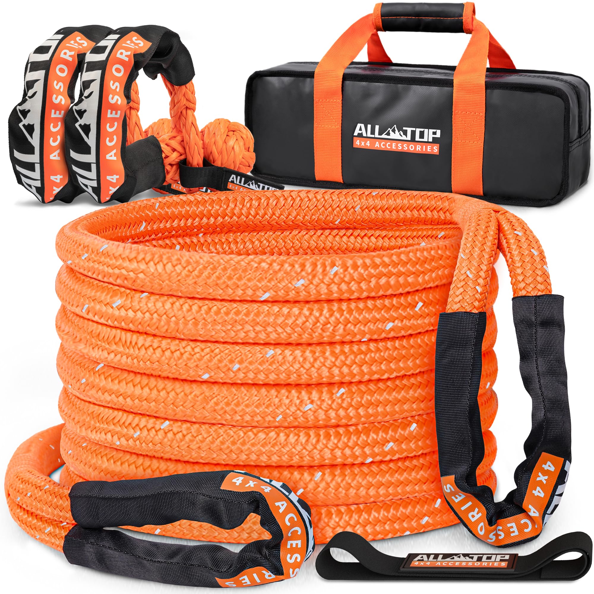 All-Top Kinetic Rope Kit (Reflective) W/ 2 Soft Shackles, 48000Lbs, 1In X 30Ft, Heavy Duty 30+% Elasticity, 16000Lbs Work Load L