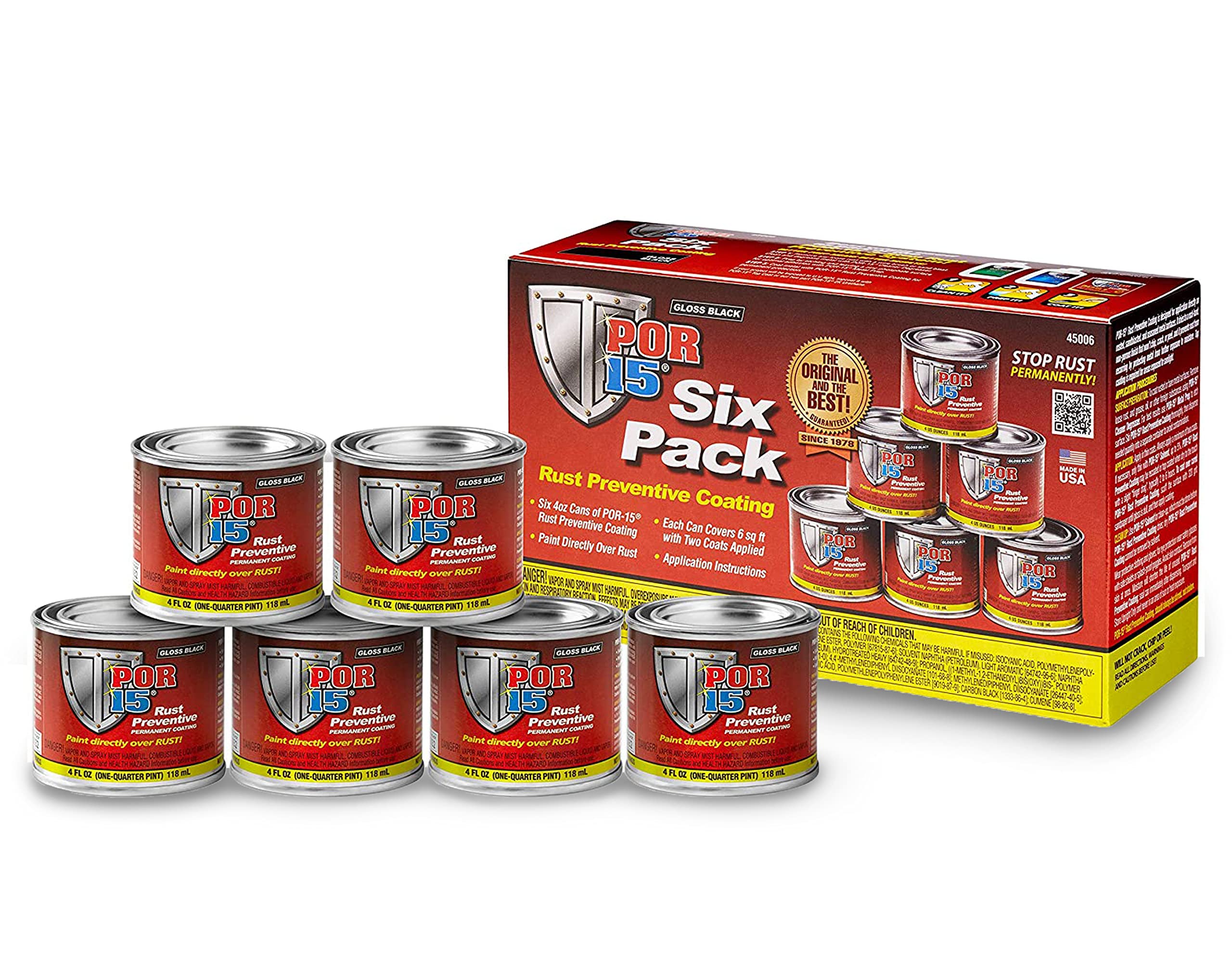 Por-15 Six Pack Rust Preventive Coating, Stop Rust And Corrosion Permanently, Anti-Rust Protective Barrier, 4 Fluid Ounces, Gloss Black, Pack Of 6
