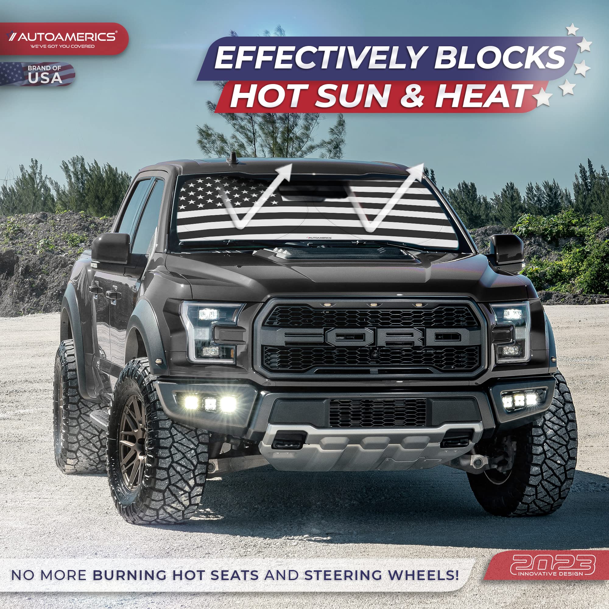 Autoamerics 1-Piece Windshield Sun Shade B&W American Flag Usa Patriotic Design - Foldable Car Fits Easily To Suv & Truck Vehicl