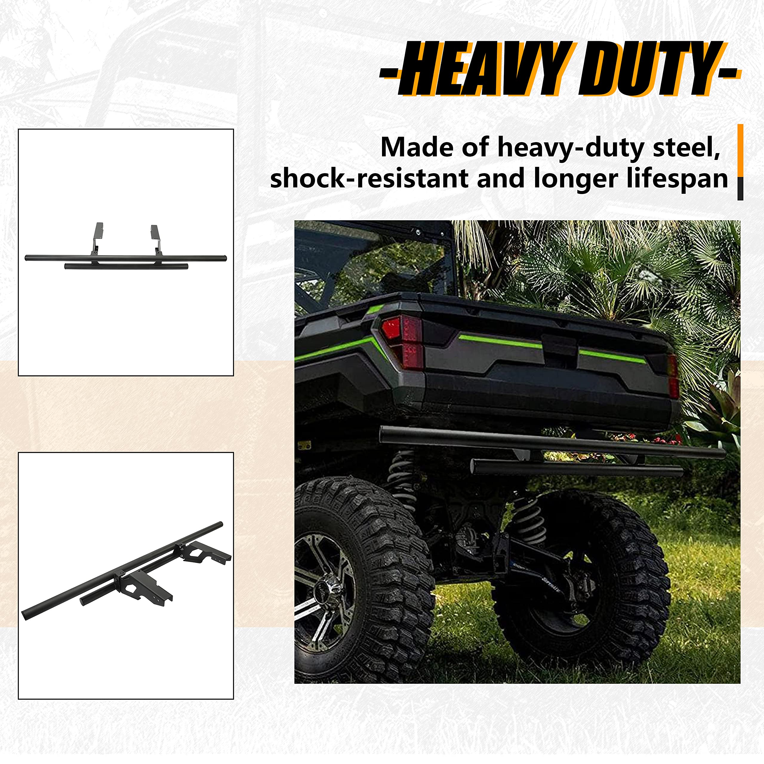 KUAFU Rear Bumper Guard for 2018-2025 Polaris Ranger 1000 XP, Alloy Steel, Black, Large, Model BL1172