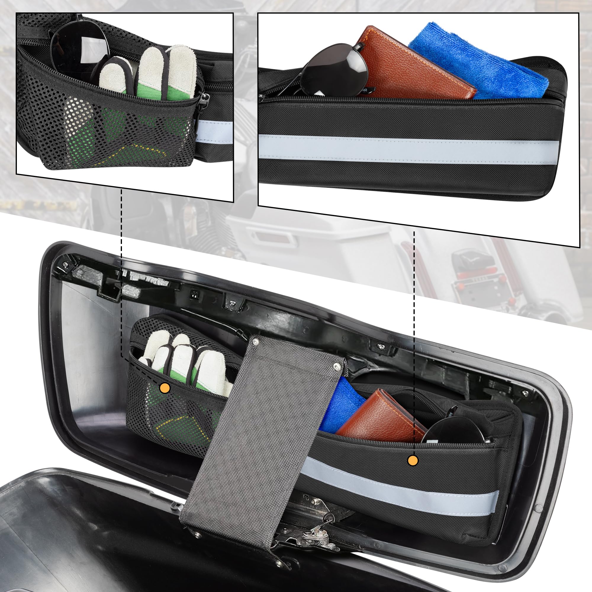 Rexmica 2pcs Hard Saddlebag Lid Organizers, Universal Saddlebag Lid Organizer Pouch Set 19.3'' Long Compatible with Harley David