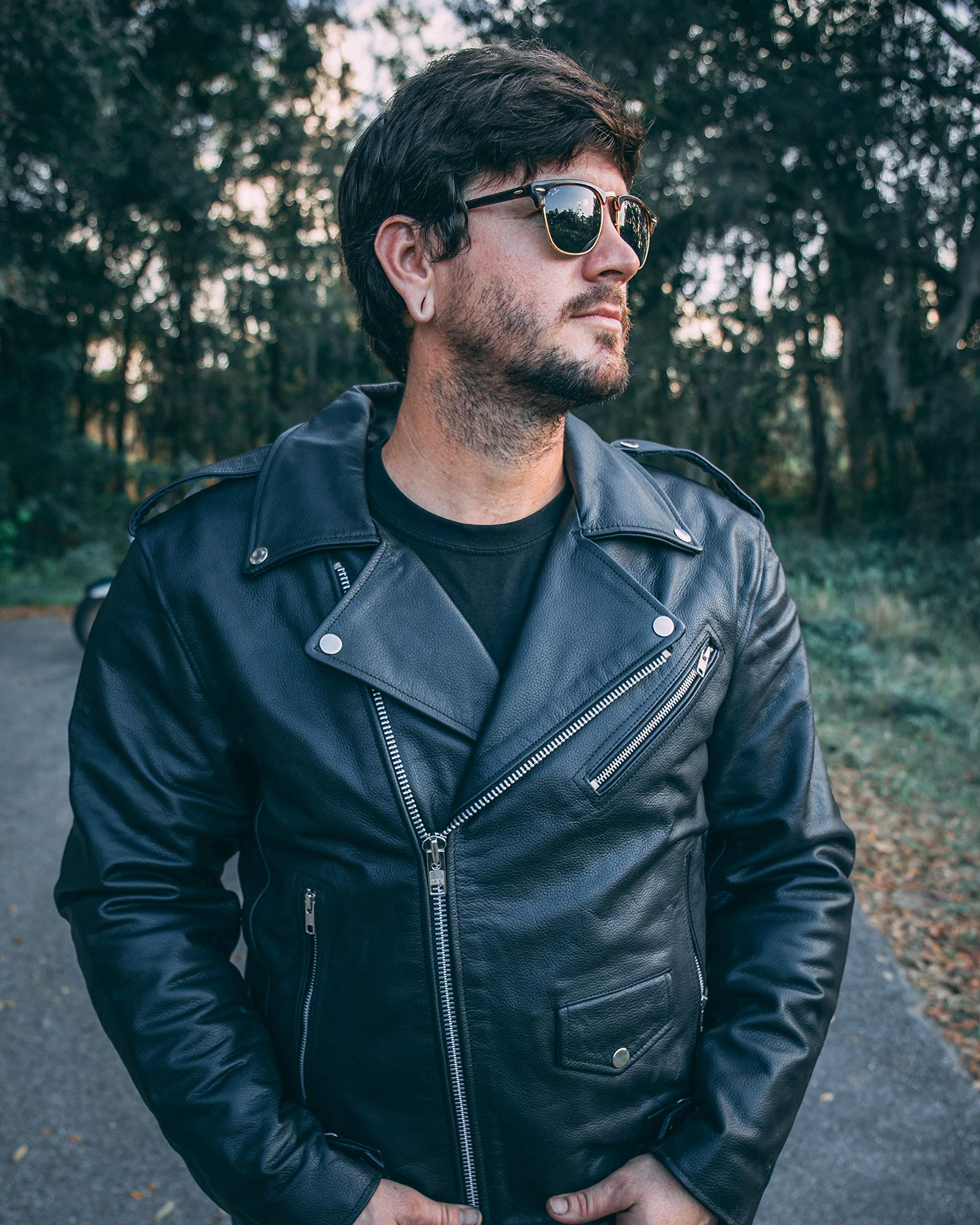 HWK Brando Leather Motorcycle Jacket - Black, Large, Genuine Leather, Removable CE Armor, Thermal Lining, Weather Resistant