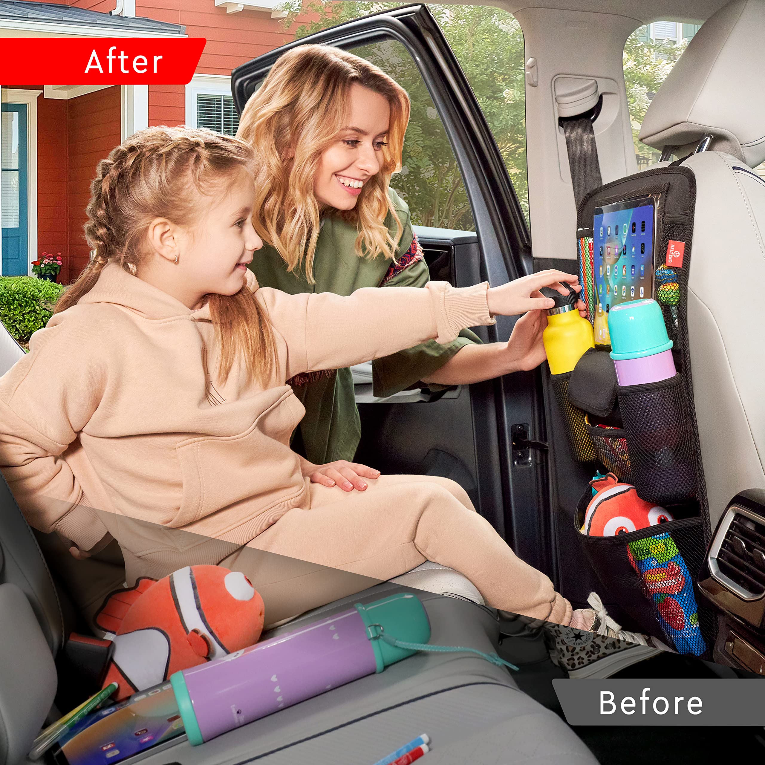 Helteko Car Seat Organizer - Waterproof Backseat Protectors with Tablet Holder, 2 Pack, Black, Model USY08, Durable Polyester
