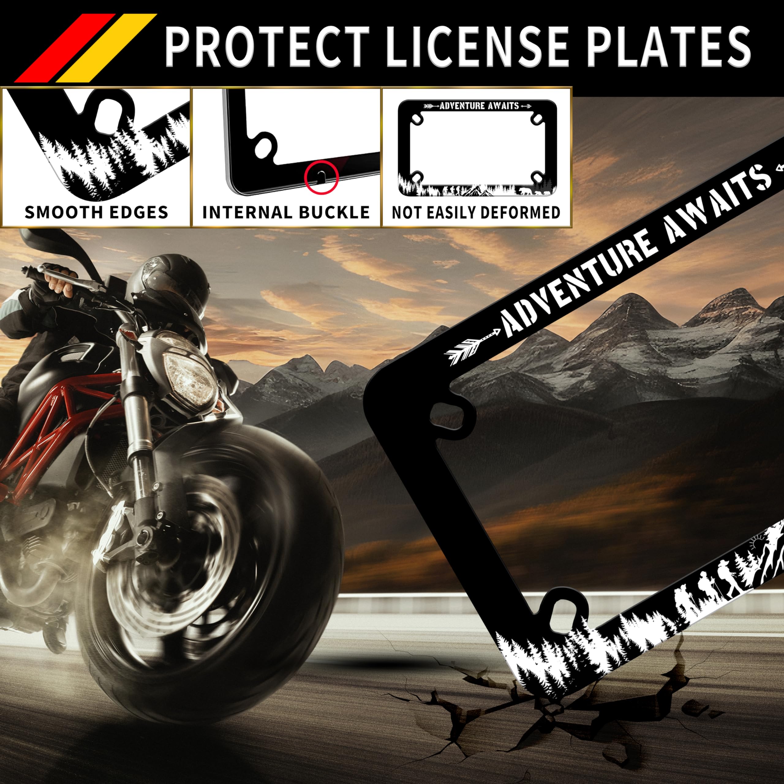 Motorcycle Adventure Awaits License Plate Frame Mountain Hiking Bear Stainless Steel Material Funny Motorbike License Plate Hold