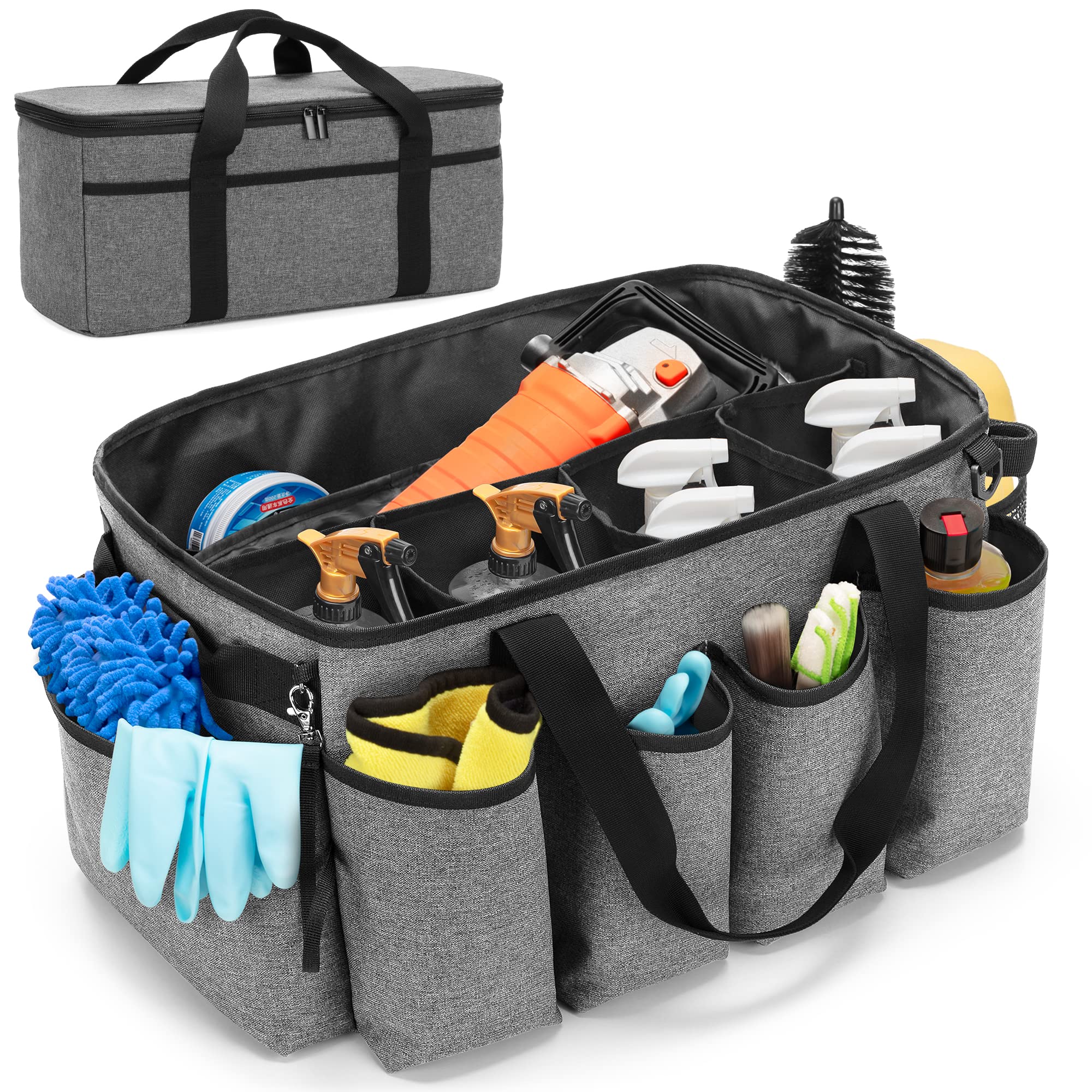 Hodrant Detailing Bag With Polisher Carry Bag, Large Detail Bag Car Care Box For Auto Detailing Supplies, Car Wash Caddy & Trunk Organizer For Buffer Bottle Towel & Cleaning Kit, Gray, Patent Design