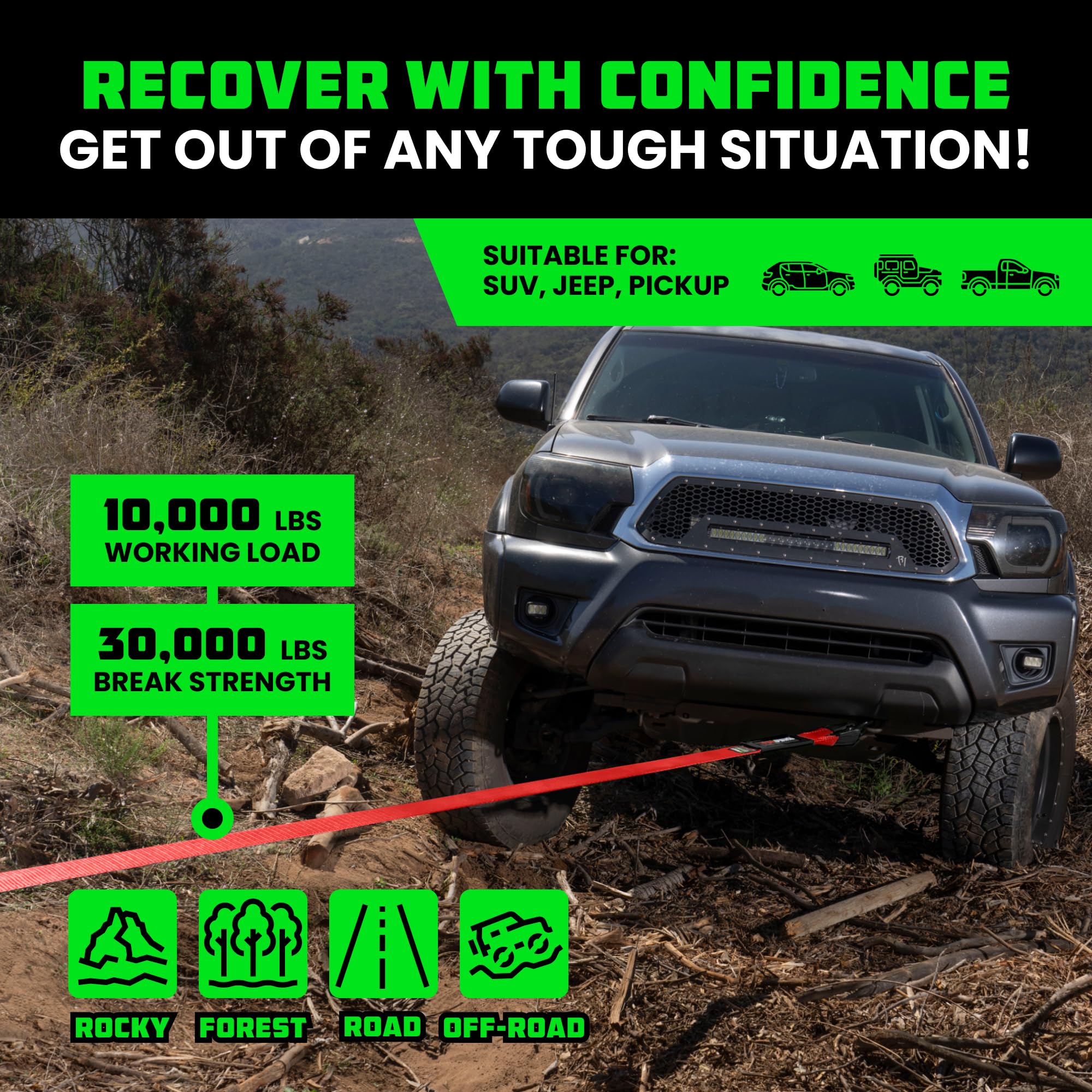 Rhino Usa Recovery Tow Strap (3''X20') - 31,518Lb Break Strength- Emergency Recovery Strap Tow Rope For Truck, Utv, Atv & More -