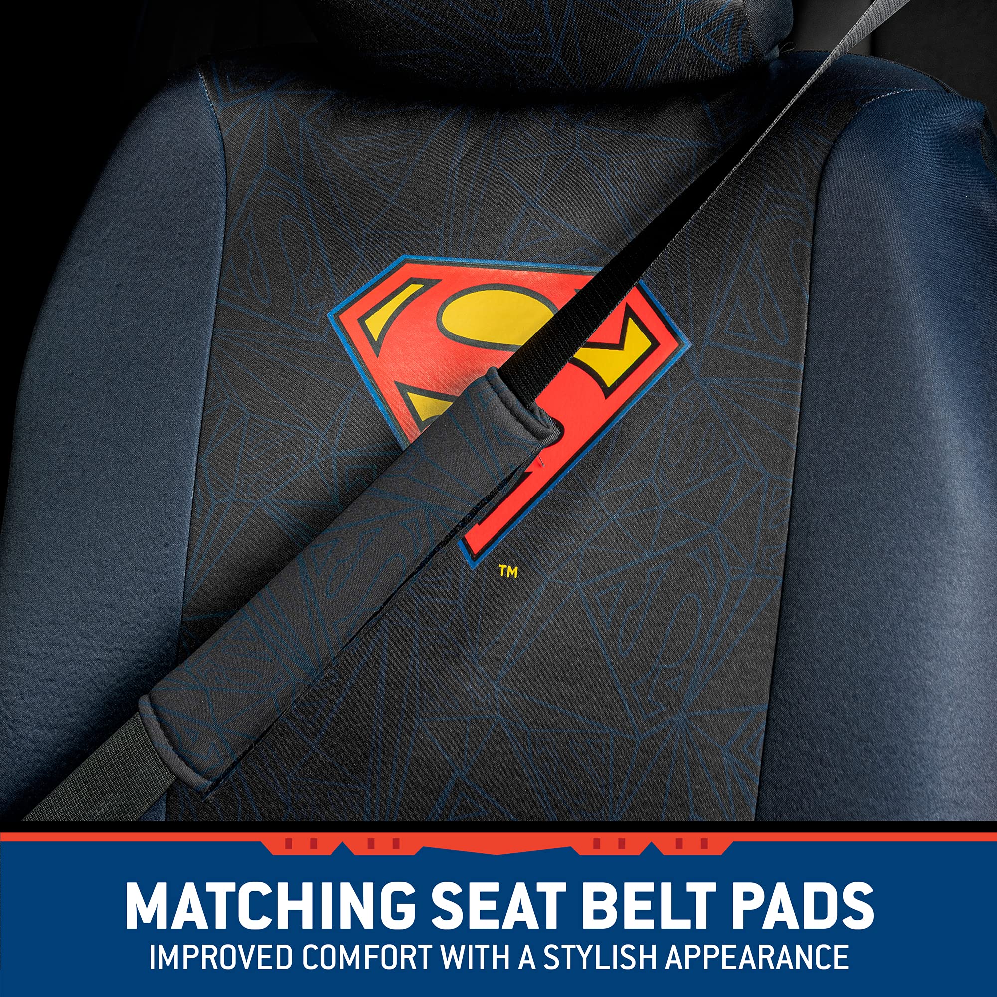 BDK Superman Universal Fit Seat Covers - Polyester, 2 Front, Side Airbag Compatible, Removable Head Cover & Belt Pads