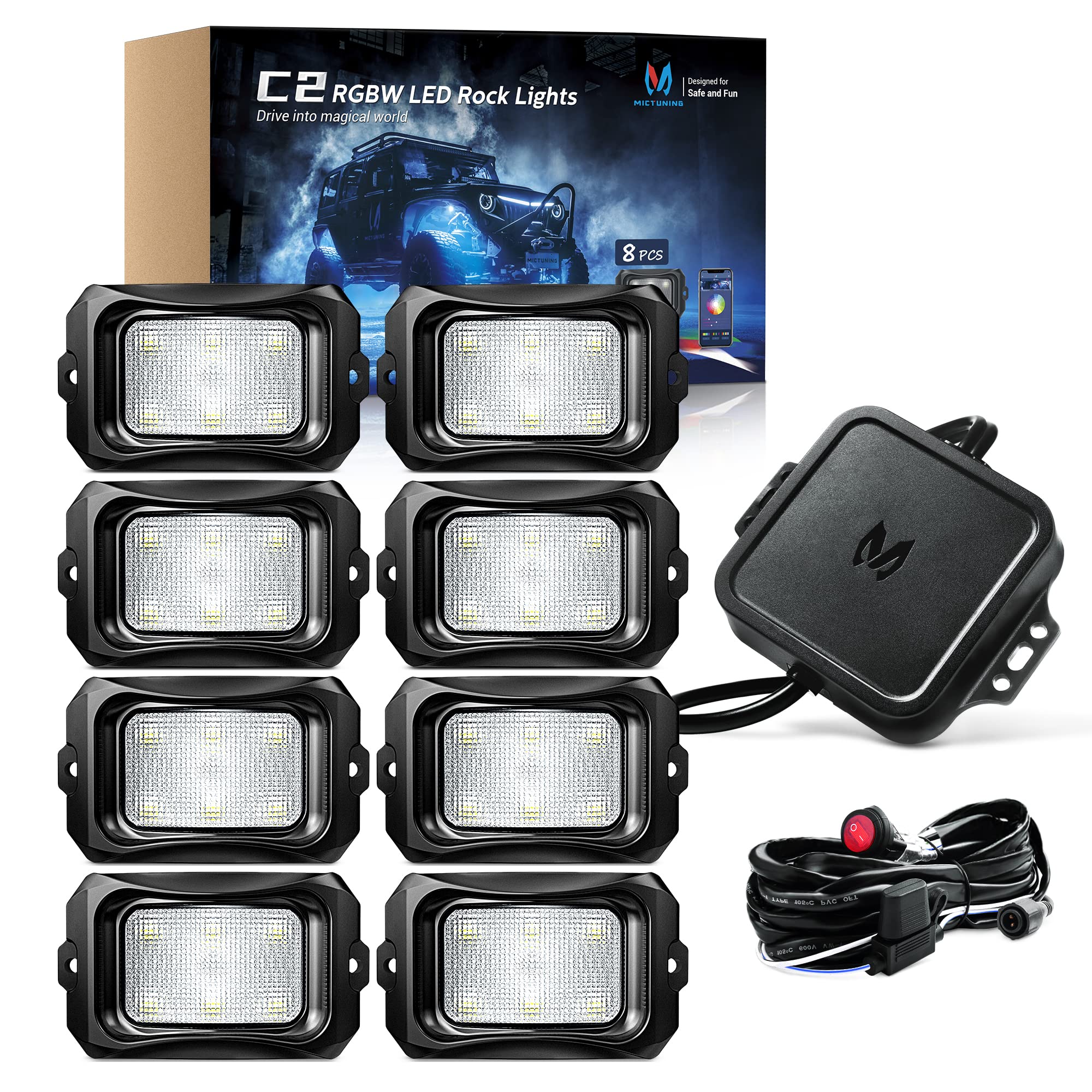 Mictuning C2 Curved Rgbw Led Rock Lights - 8 Pods Underglow Multicolor Neon Light With Wiring Switch Kit, Bluetooth Controller W