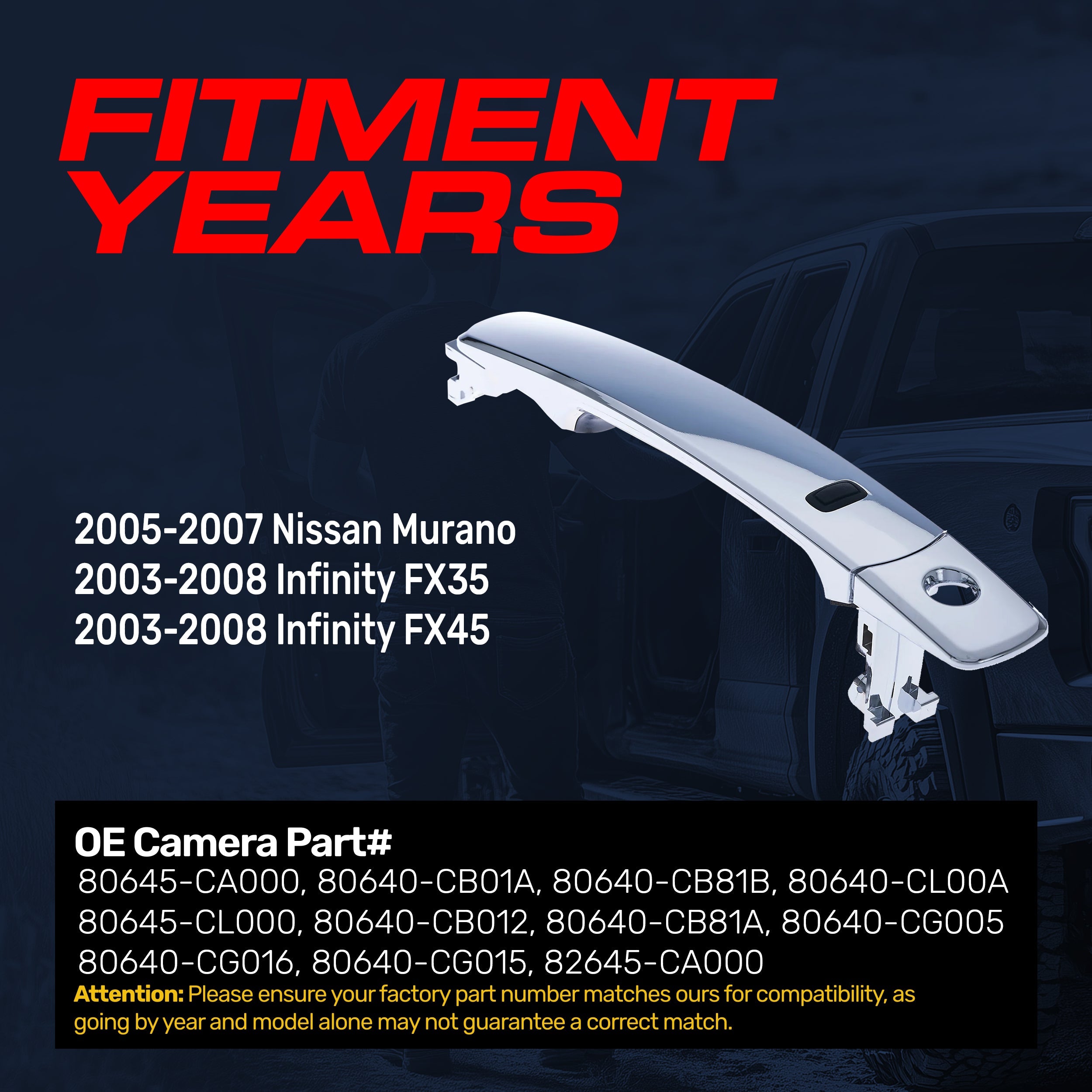 Exterior Door Handle Chrome Replacement for Nissan Murano (2005-2007) / Infiniti FX35/FX45 (2003-2008) OE Part # 80645-CA000, 80640-CB01A, 80640-CB81B, 80640-CL00A | Front Left Driver Side