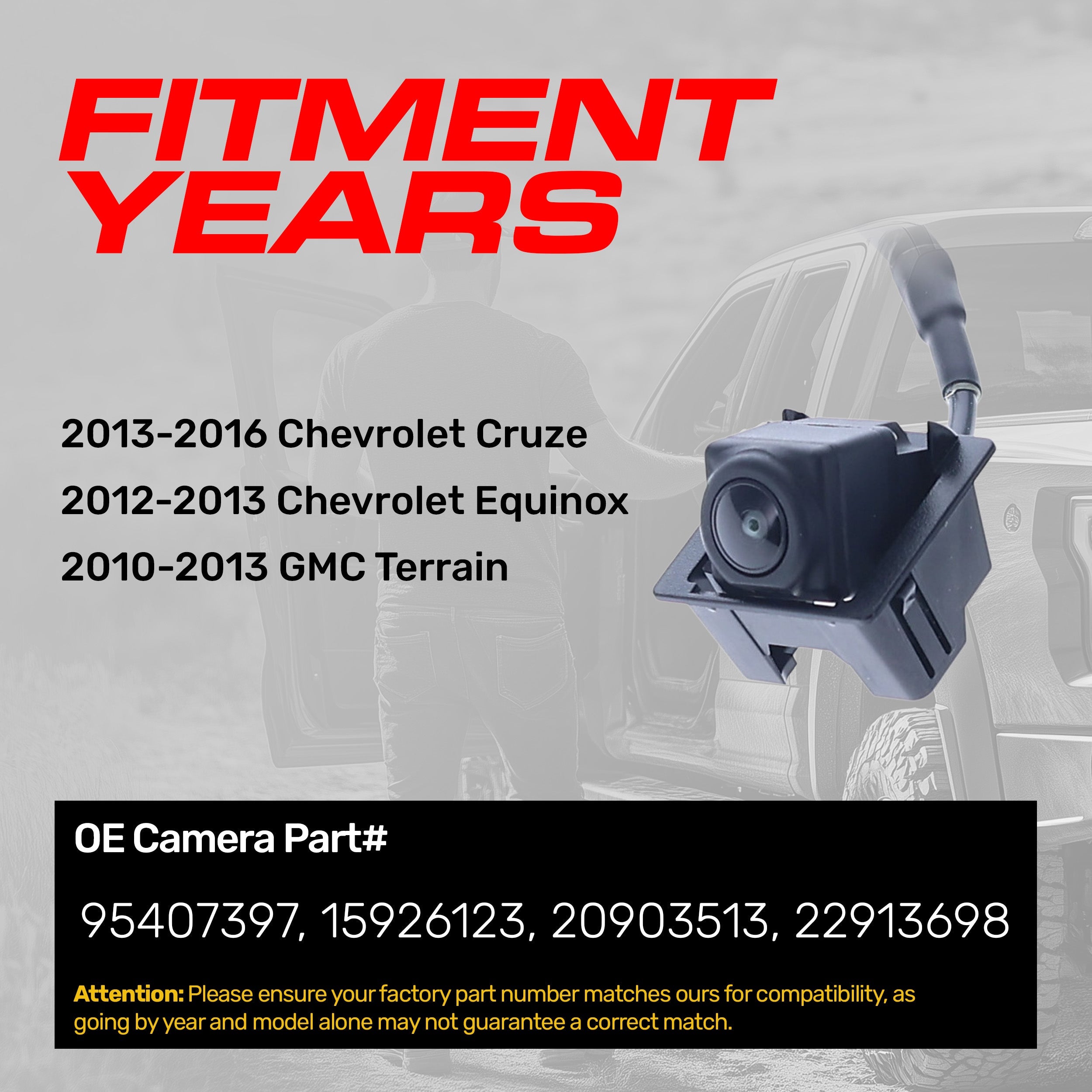 Chevrolet Cruze (2013-2016), Equinox (2012-2013) / GMC Terrain (2010-2013) OEM Replacement Backup Camera OE Part # 15926123, 20903513, 22913698, 95407397