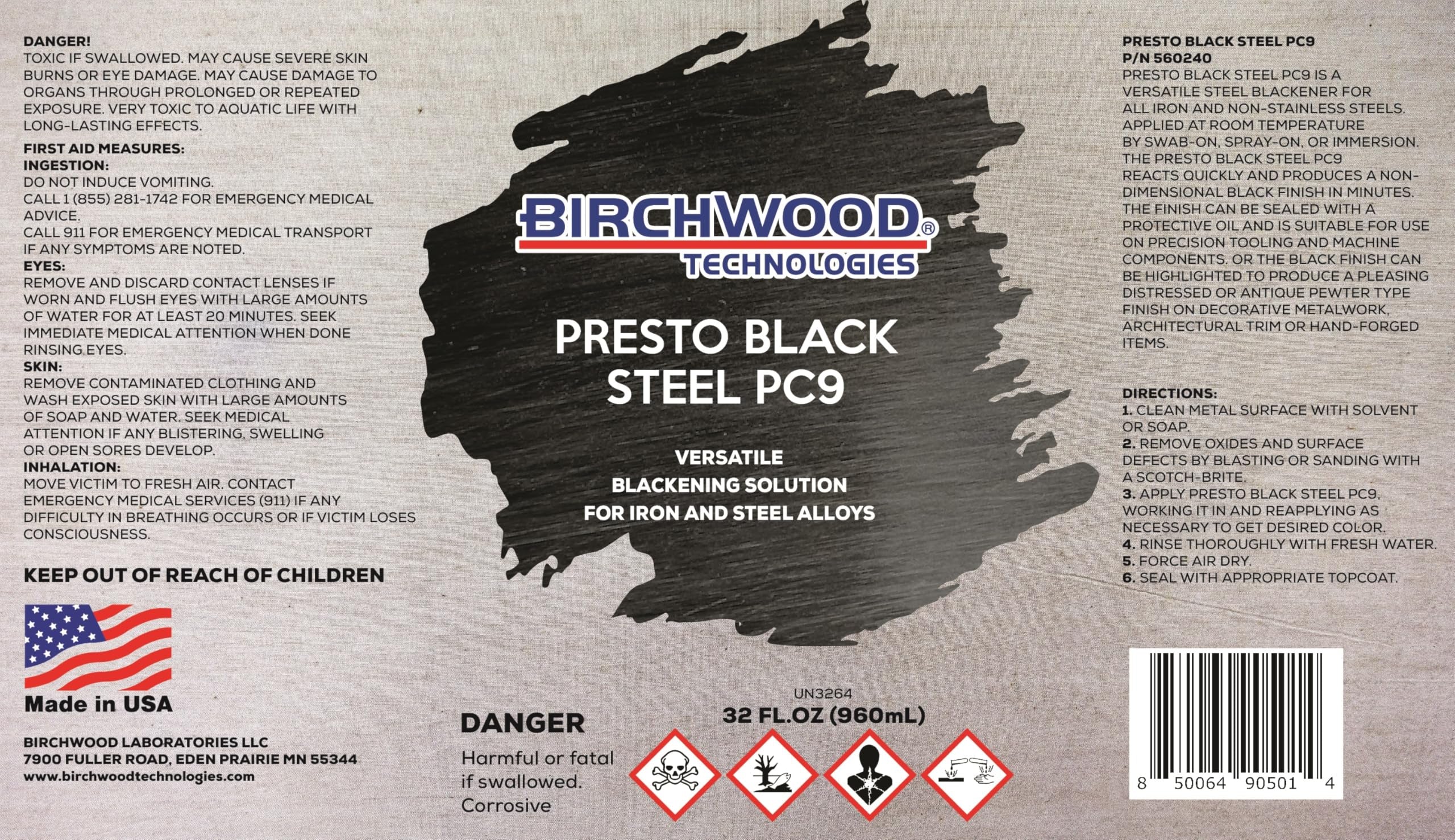 Birchwood Technologies Presto Black STEEL PC9 - Blackening Solution for Iron & Steel, 32 Fl Oz, Model 560240