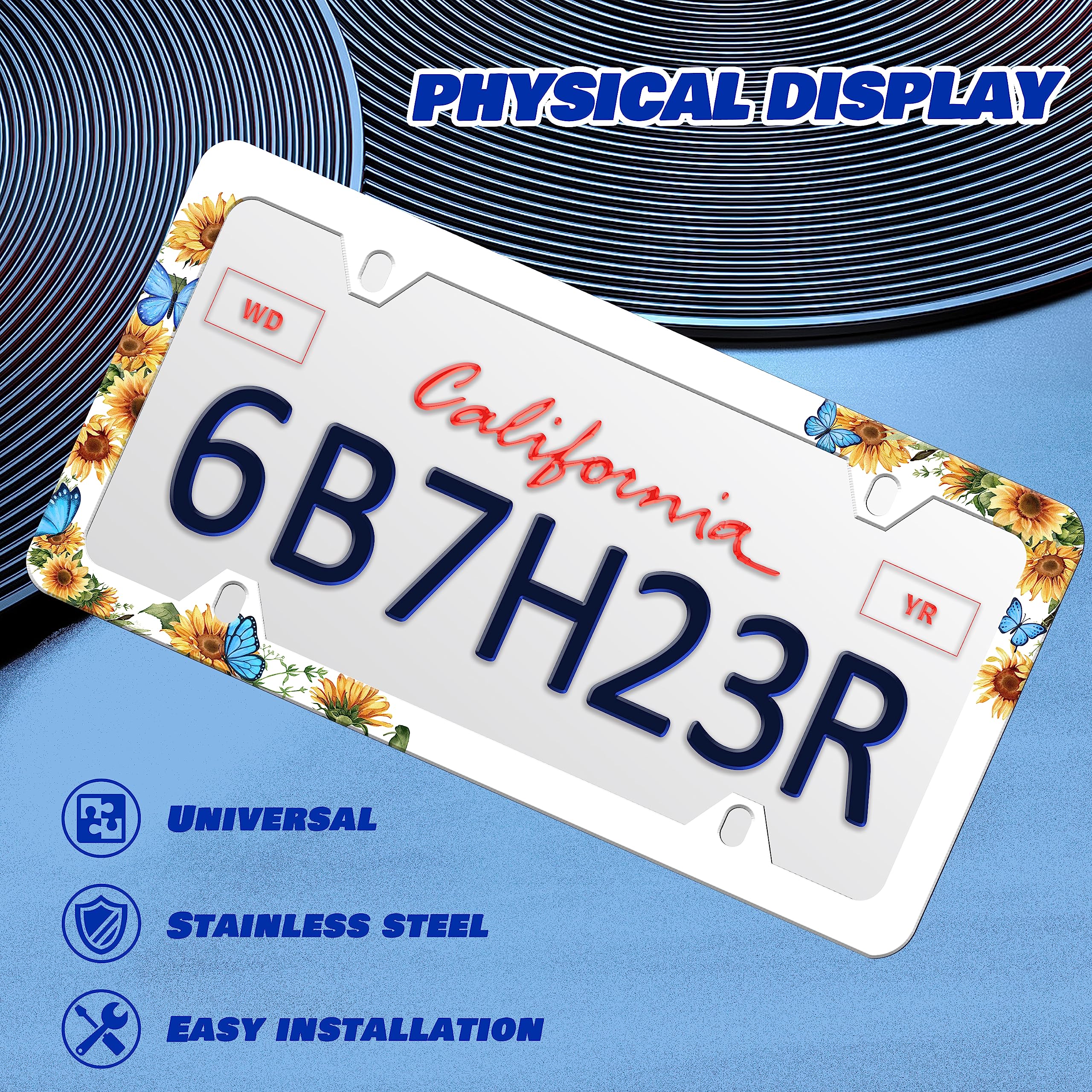 Blue Butterfly Sunflower License Plate Frame Funny License Plate Frames Personalise Stainless Steel Design Compatible with Stand