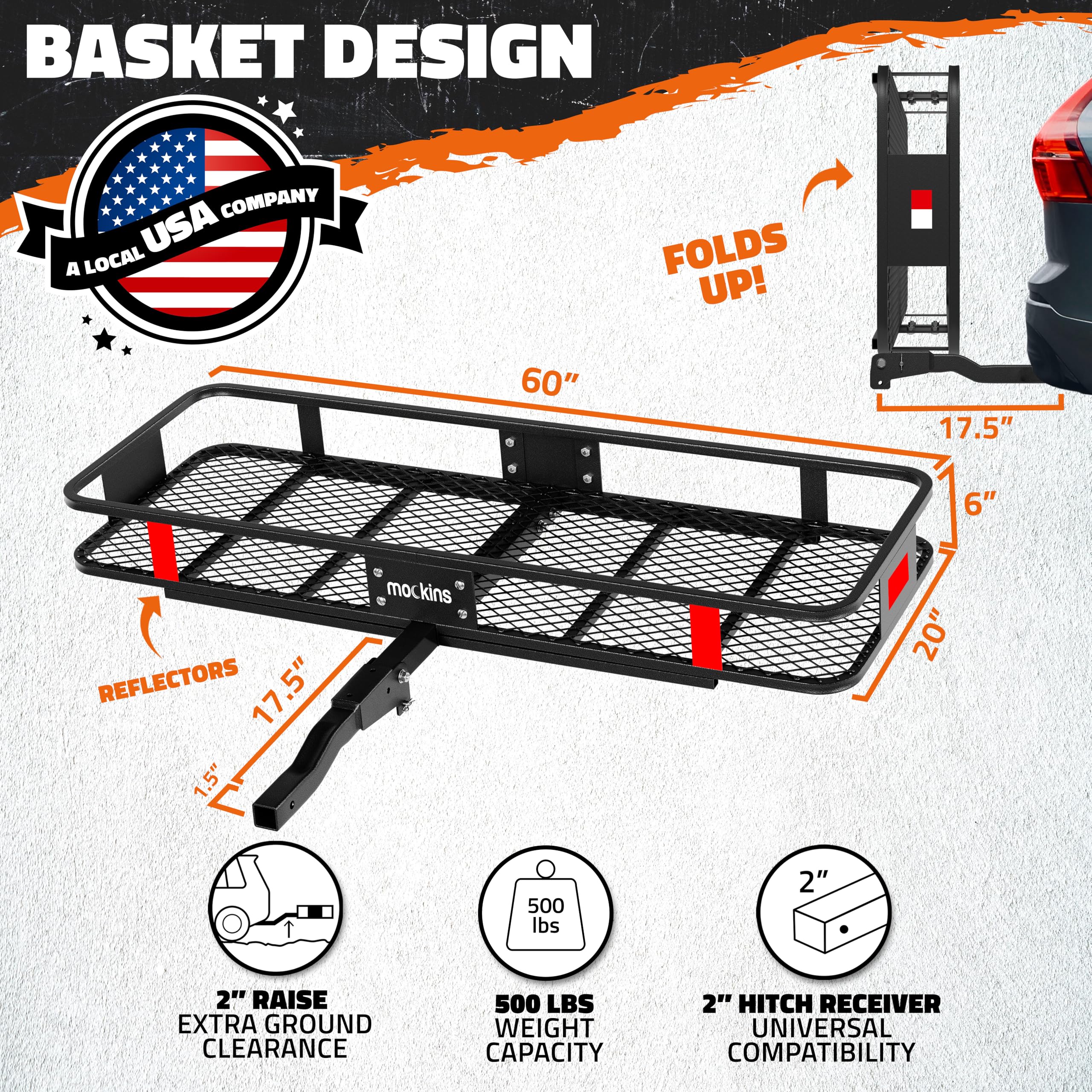 Mockins 60''x20''x6'' Folding Trailer Hitch Cargo Carrier Weatherproof | 500 Lbs Cap Luggage Rack for SUV, Cars & Trucks| Univer