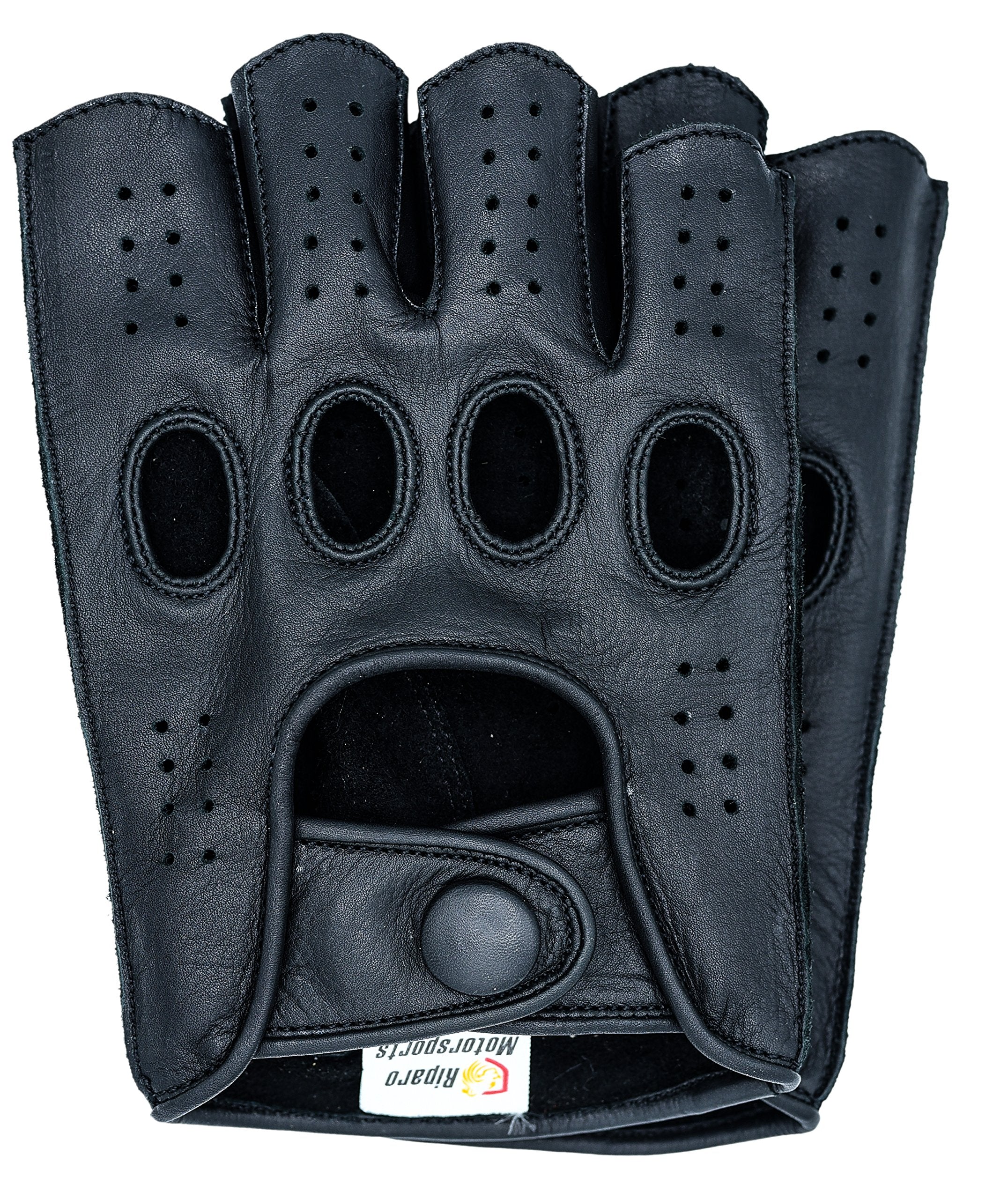 Riparo Mens Genuine Leather Reverse Stitched Fingerless Half-Finger Driving Motorcycle Gloves (X-Large, Black)