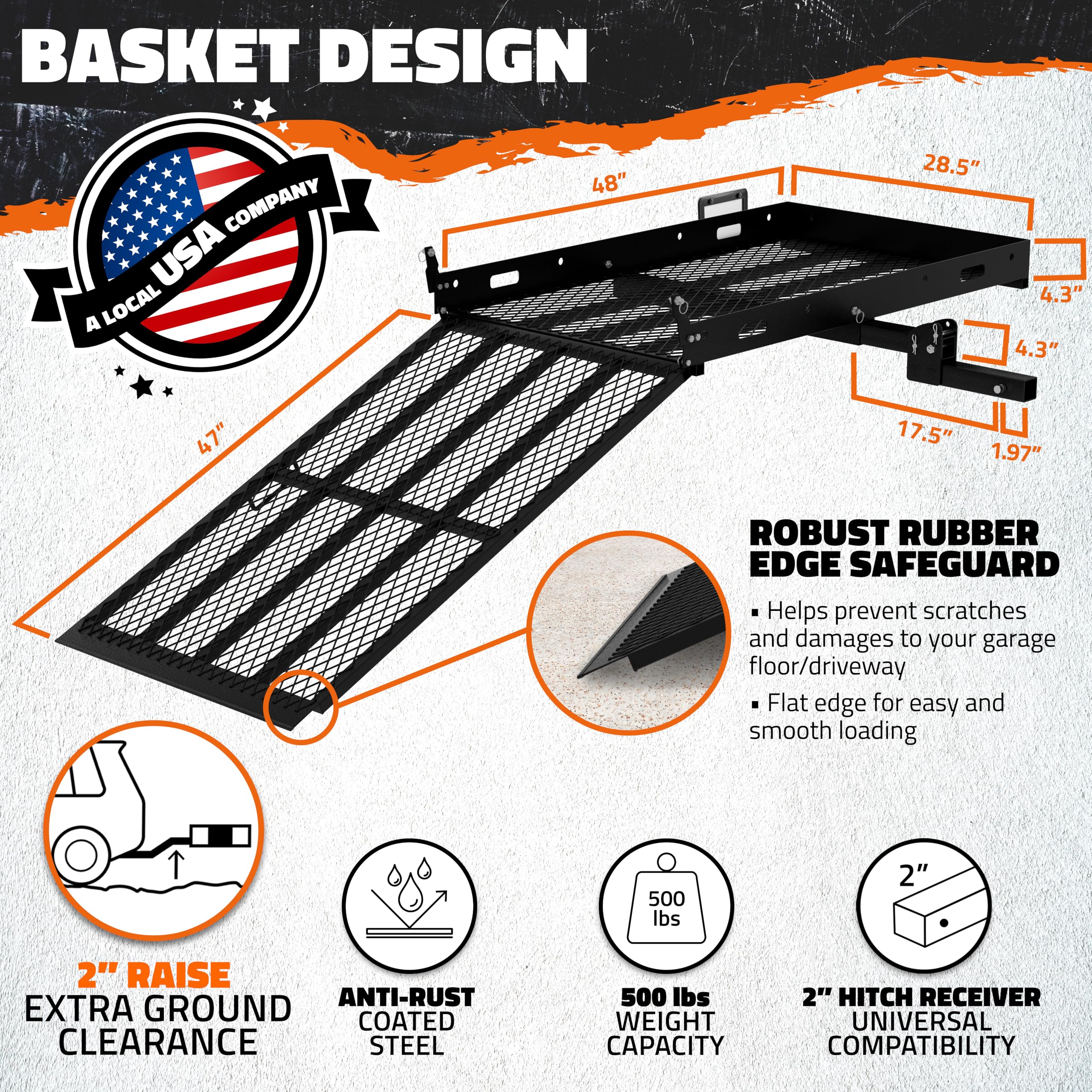Mockins Heavy Duty Trailer Hitch Cargo Carrier Ramp, 48"x28.5"x4", 500 lbs Cap, Alloy Steel, Black, Model MA-HC-RMP-48X28X4