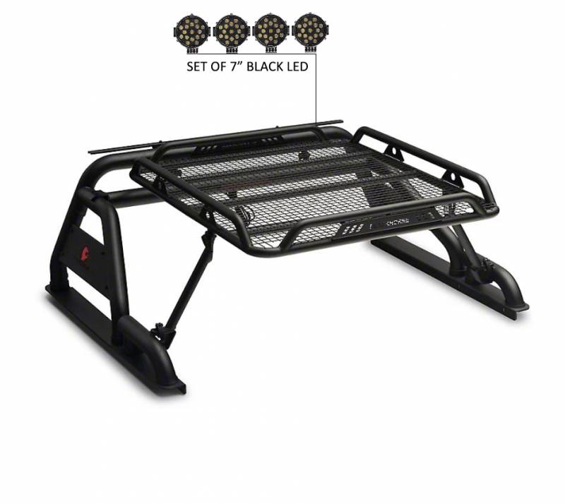 Black Horse Warrior Roll Bar Incl. Pair Of 7.0' Dia.Led Lights W/Black Trim Rings Compatible With 1/2 Ton Trucks (Gm Silverado 14+/Ford F150 15+/Dodge Ram 15+) With Full Size Cargo Basket