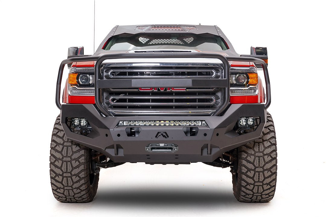 Fab Fours Matrix Front Bumper with Full Grill Guard for 15-18 Sierra 2500/3500 HD, Alloy Steel, Black, Model GM15-X2850-1