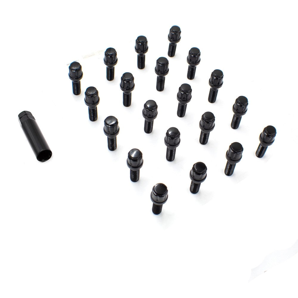 Wheel Accessories Parts Set Of 20 Black 14X1.25 Lug Bolts Locking Spline Conical Seat With 28 Mm Shank Length Small Diameter Lug Bolt With Dual Hex Key For Aftermarket Wheels (28Mm, Black, M14X1.25)