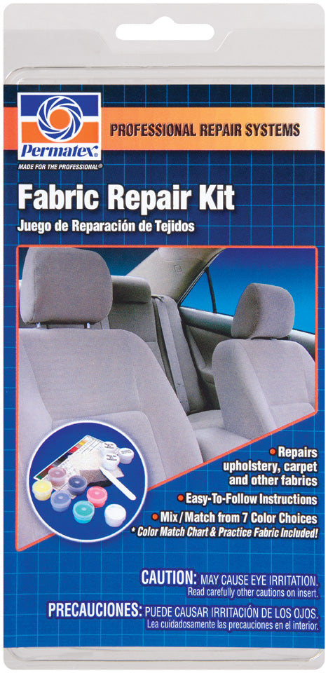 Permatex Fabric Repair Kit - Acrylic Or Rubber-Based - Cups, Applicator, Spray, Patch - Assorted Colors - Clamshell Container