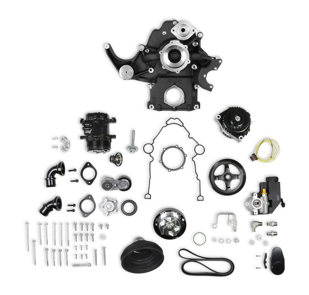 Holley 20-291Bk Complete Front Accessory System - Mid-Mount - Black Cast Finish