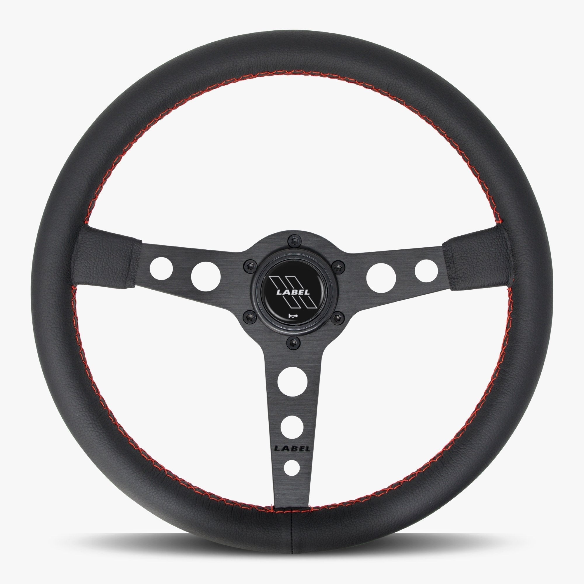 Label Gruppe Daytona 350mm Steering Wheel | Black Leather | Black Spokes | Red Stitch