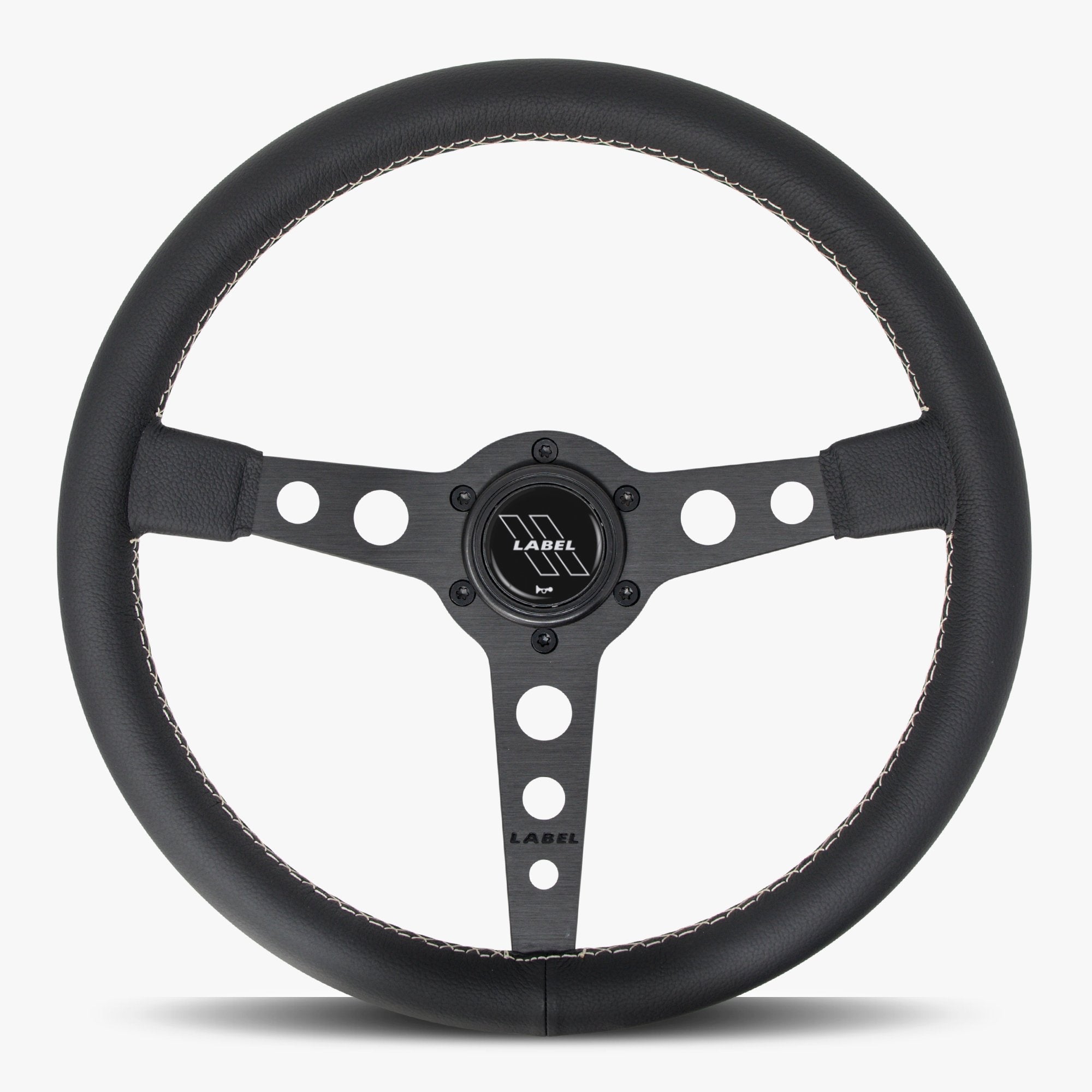 Label Gruppe Daytona 350mm Steering Wheel | Black Leather | Black Spokes | White Stitch