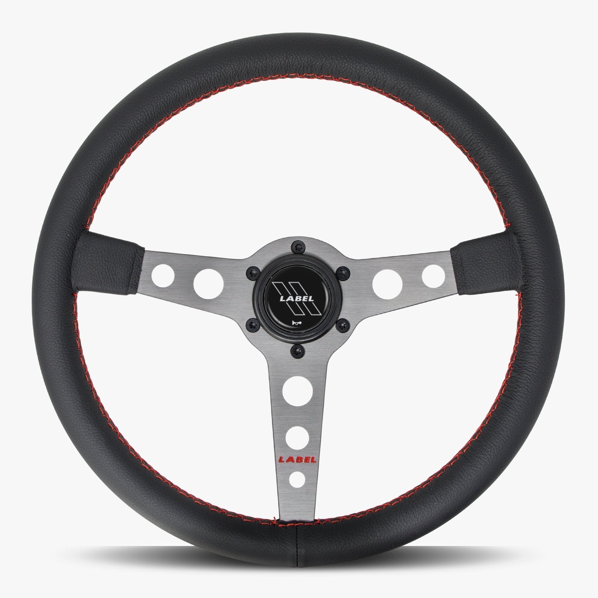 Label Gruppe Daytona 350mm Steering Wheel | Black Leather | Graphite Spokes | Red Stitch