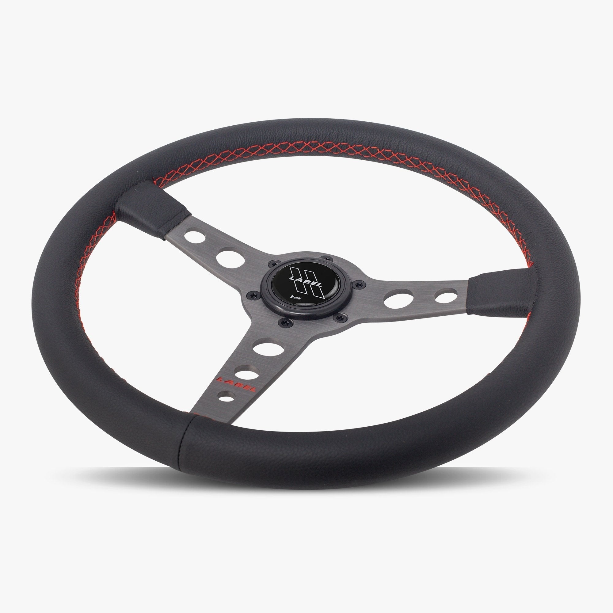 Label Gruppe Daytona 350mm Steering Wheel | Black Leather | Graphite Spokes | Red Stitch