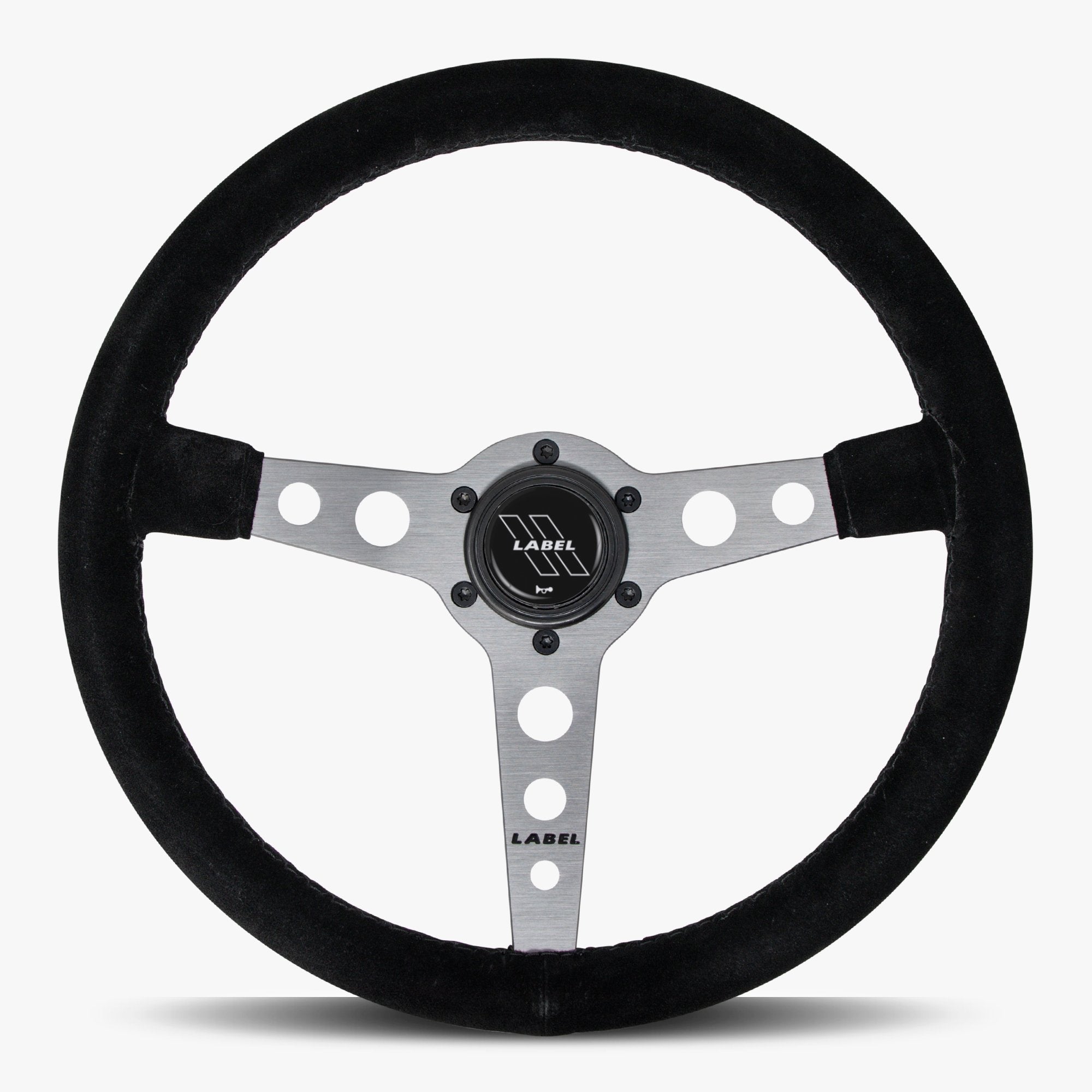 Label Gruppe Daytona 350mm Steering Wheel | Black Alcantara Suede | Graphite Spokes | Black Stitch