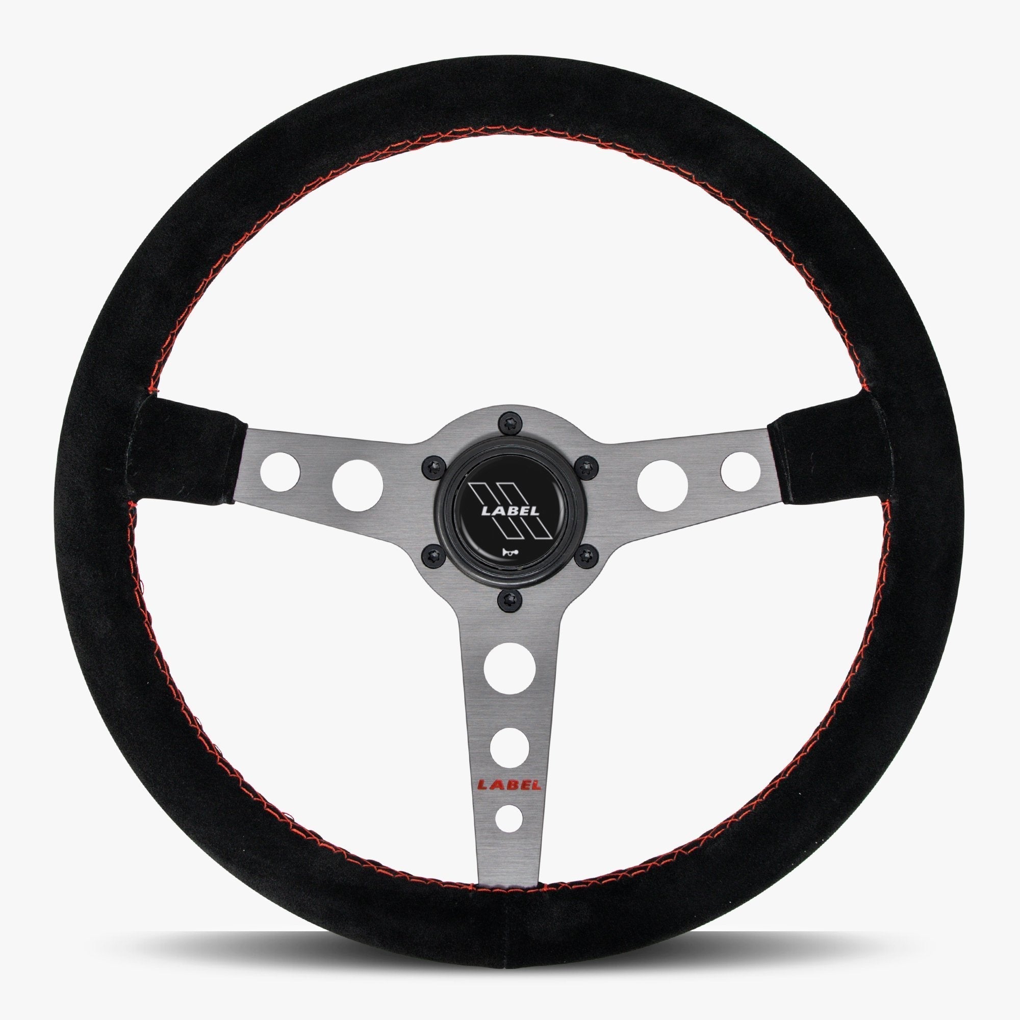 Label Gruppe Daytona 350mm Steering Wheel | Black Alcantara Suede | Graphite Spokes | Red Stitch