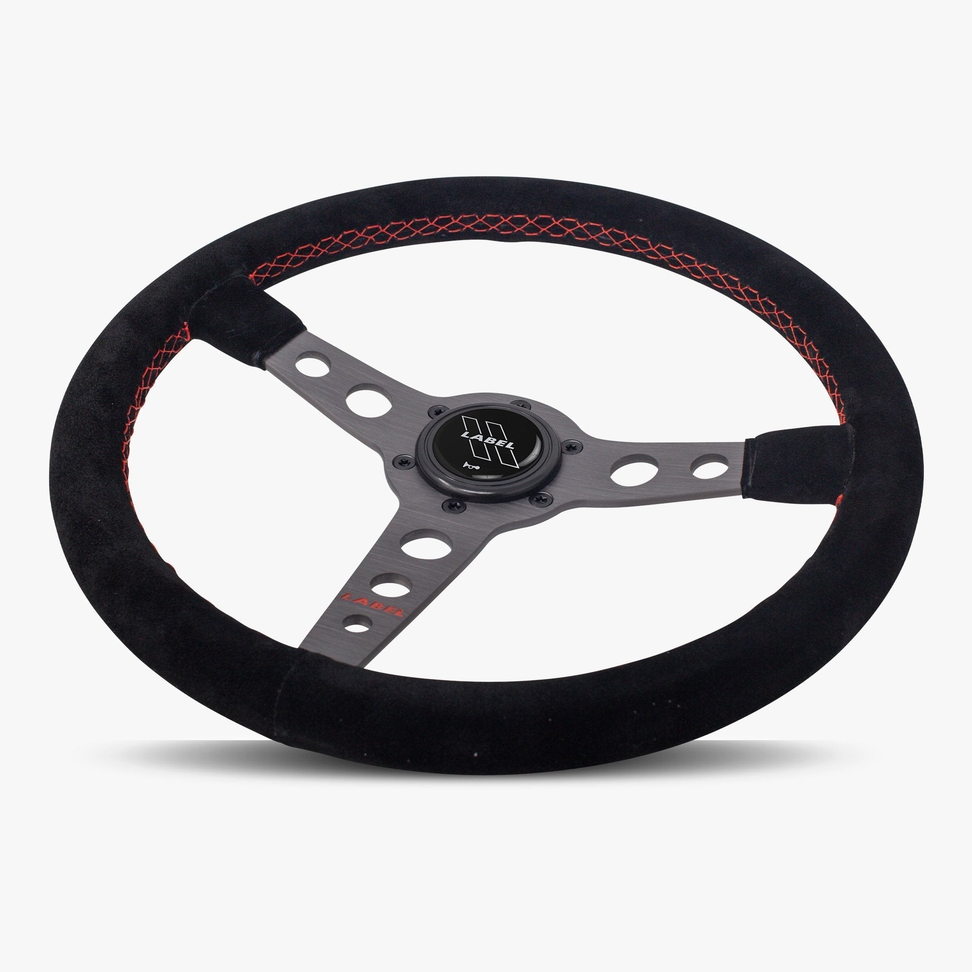 Label Gruppe Daytona 350mm Steering Wheel | Black Alcantara Suede | Graphite Spokes | Red Stitch