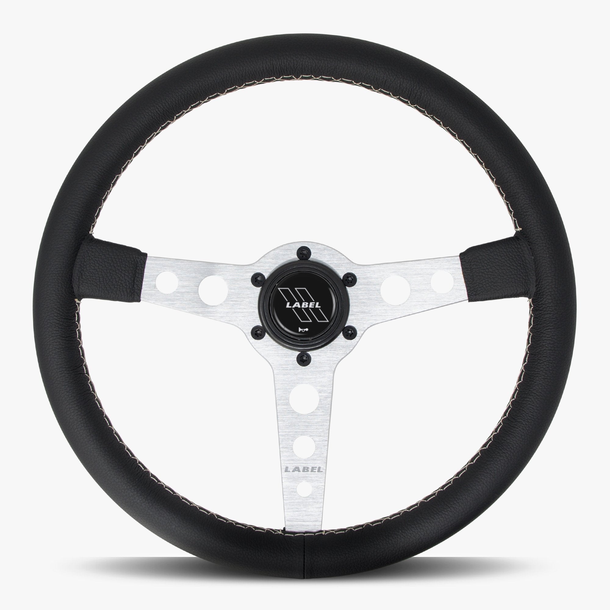 Label Gruppe Daytona 350mm Steering Wheel | Black Leather | Silver Spokes | White Stitch