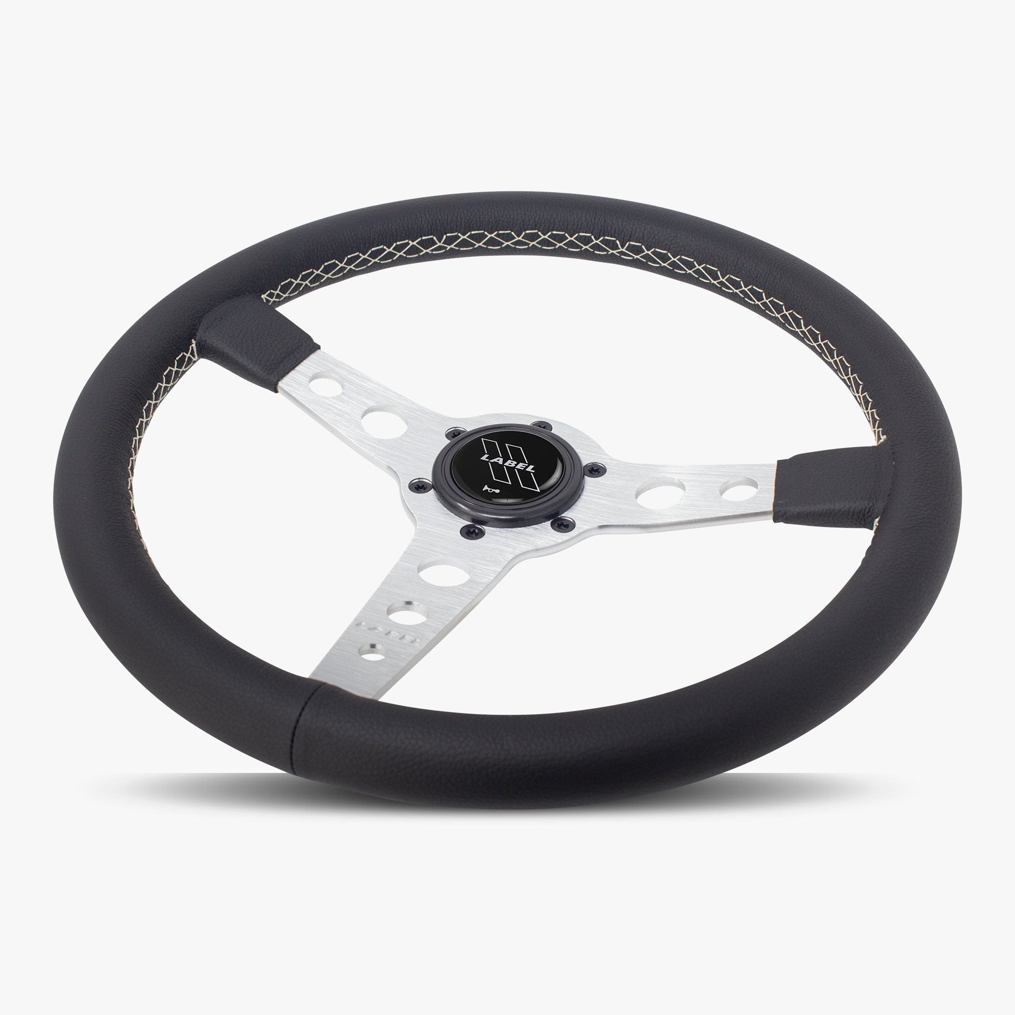 Label Gruppe Daytona 350mm Steering Wheel | Black Leather | Silver Spokes | White Stitch