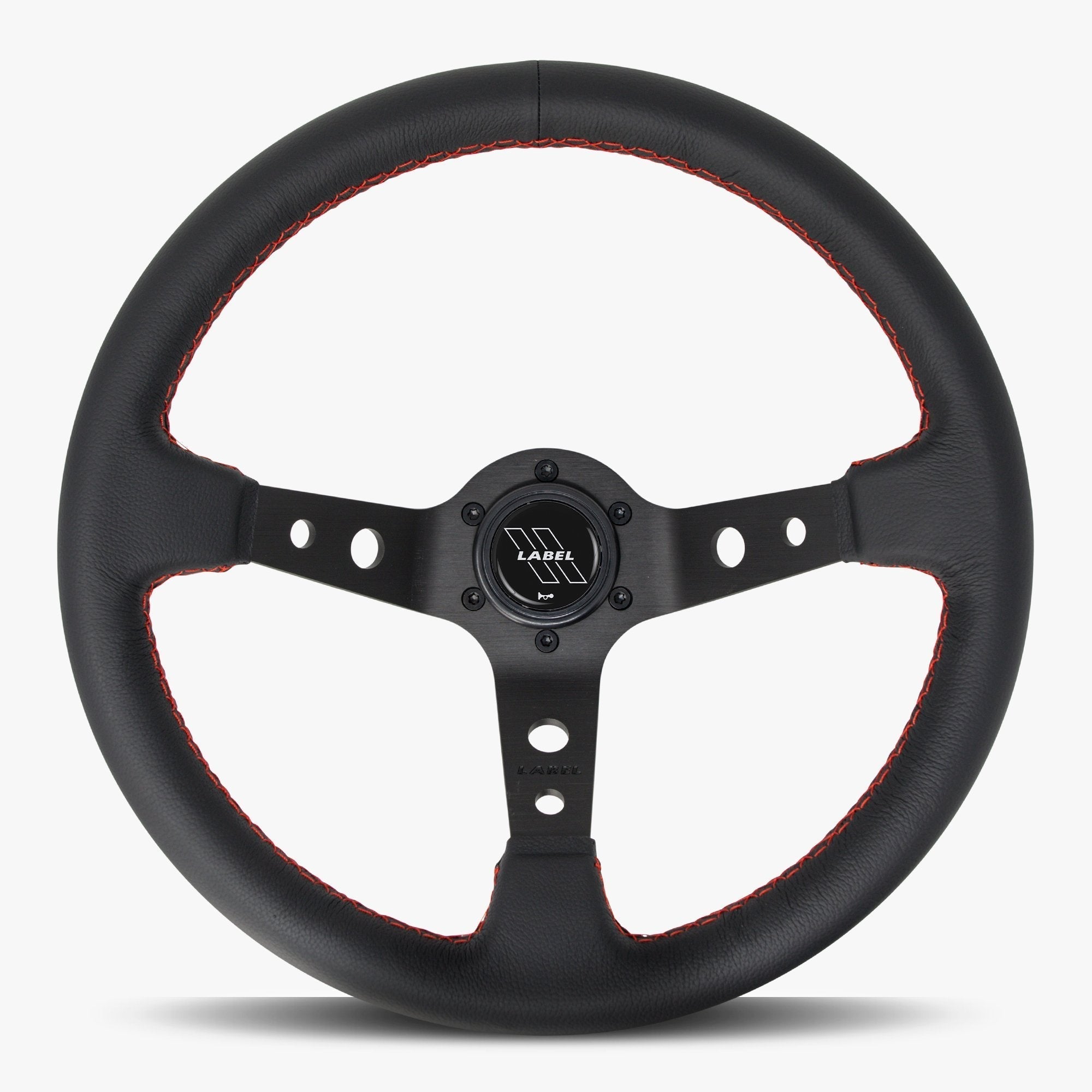 Label Gruppe Daytona 350mm Steering Wheel | Black Leather | Black Spokes | Red Stitch