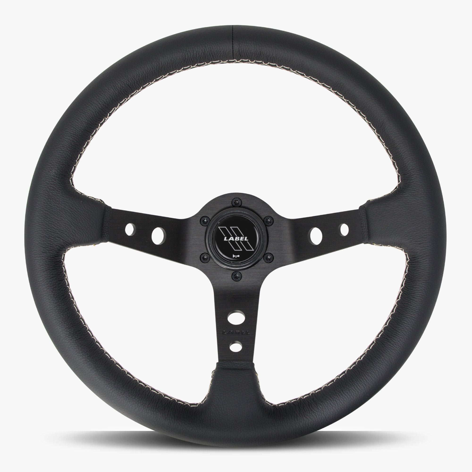 Label Gruppe Daytona 350mm Steering Wheel | Black Leather | Black Spokes | White Stitch