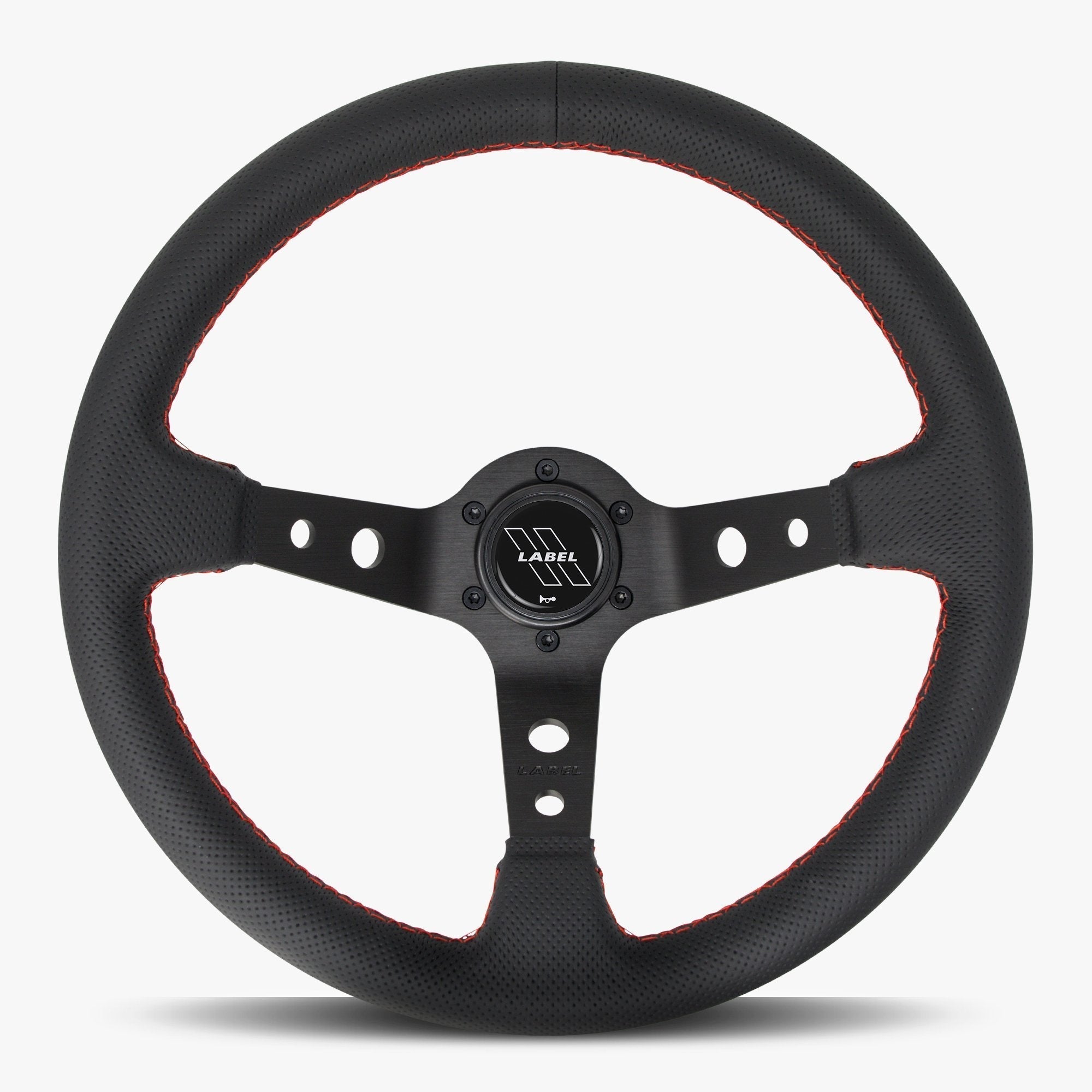 Label Gruppe Daytona 350mm Steering Wheel | Black Perforated Leather | Black Spokes | Red Stitch
