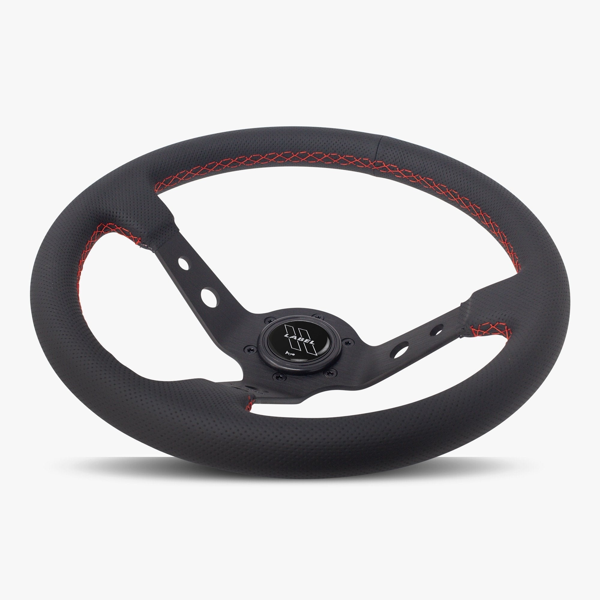 Label Gruppe Daytona 350mm Steering Wheel | Black Perforated Leather | Black Spokes | Red Stitch