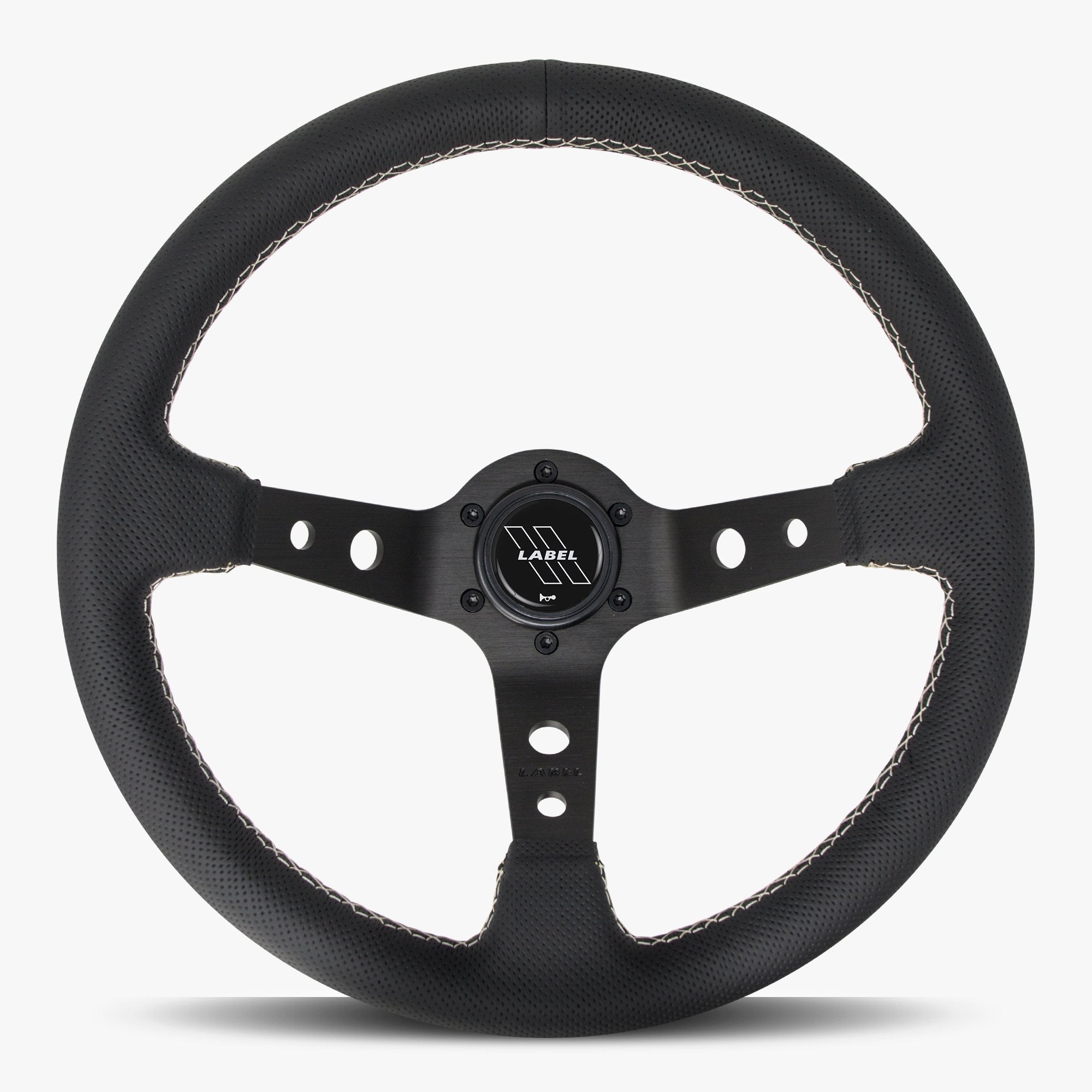 Label Gruppe Daytona 350mm Steering Wheel | Black Perforated Leather | Black Spokes | White Stitch