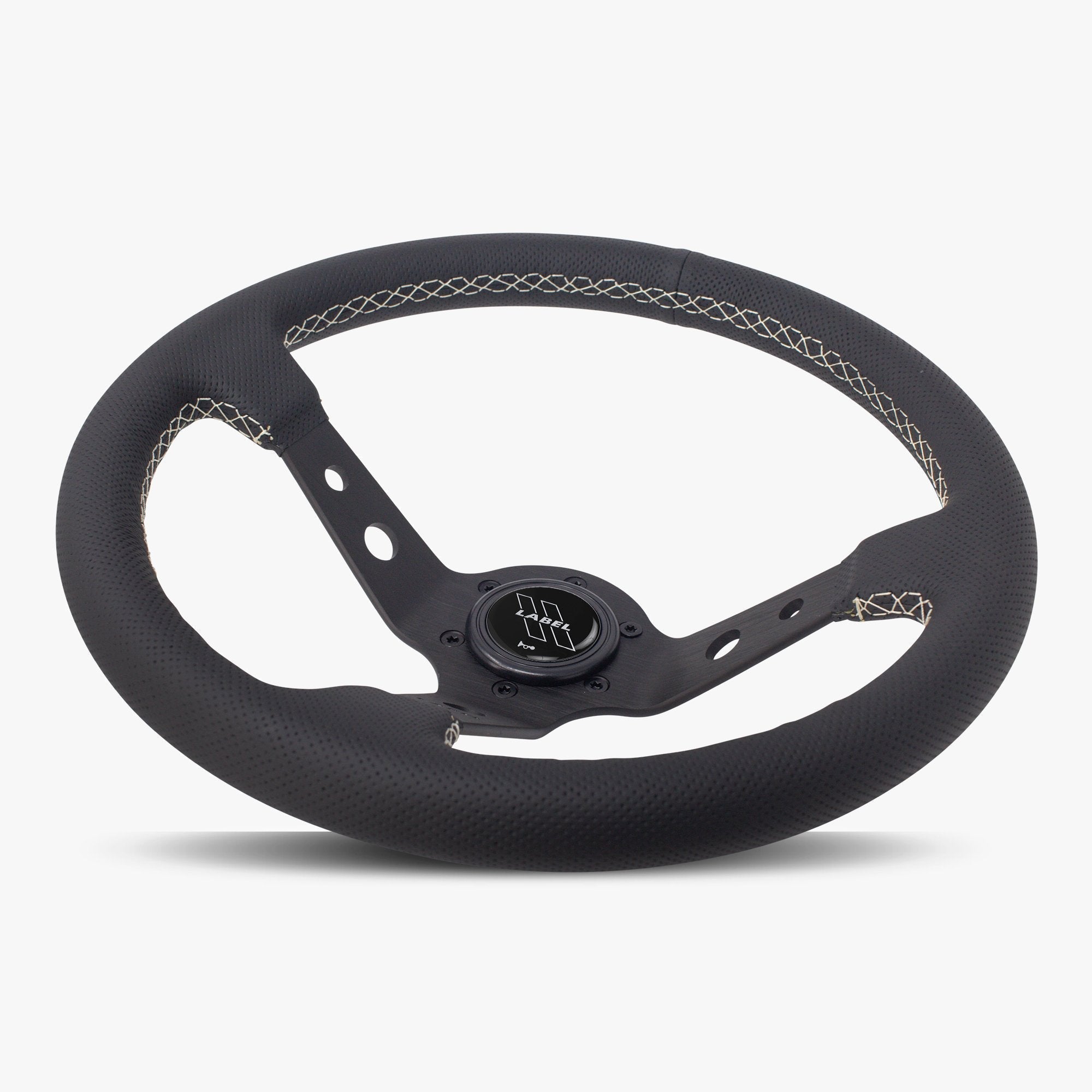 Label Gruppe Daytona 350mm Steering Wheel | Black Perforated Leather | Black Spokes | White Stitch