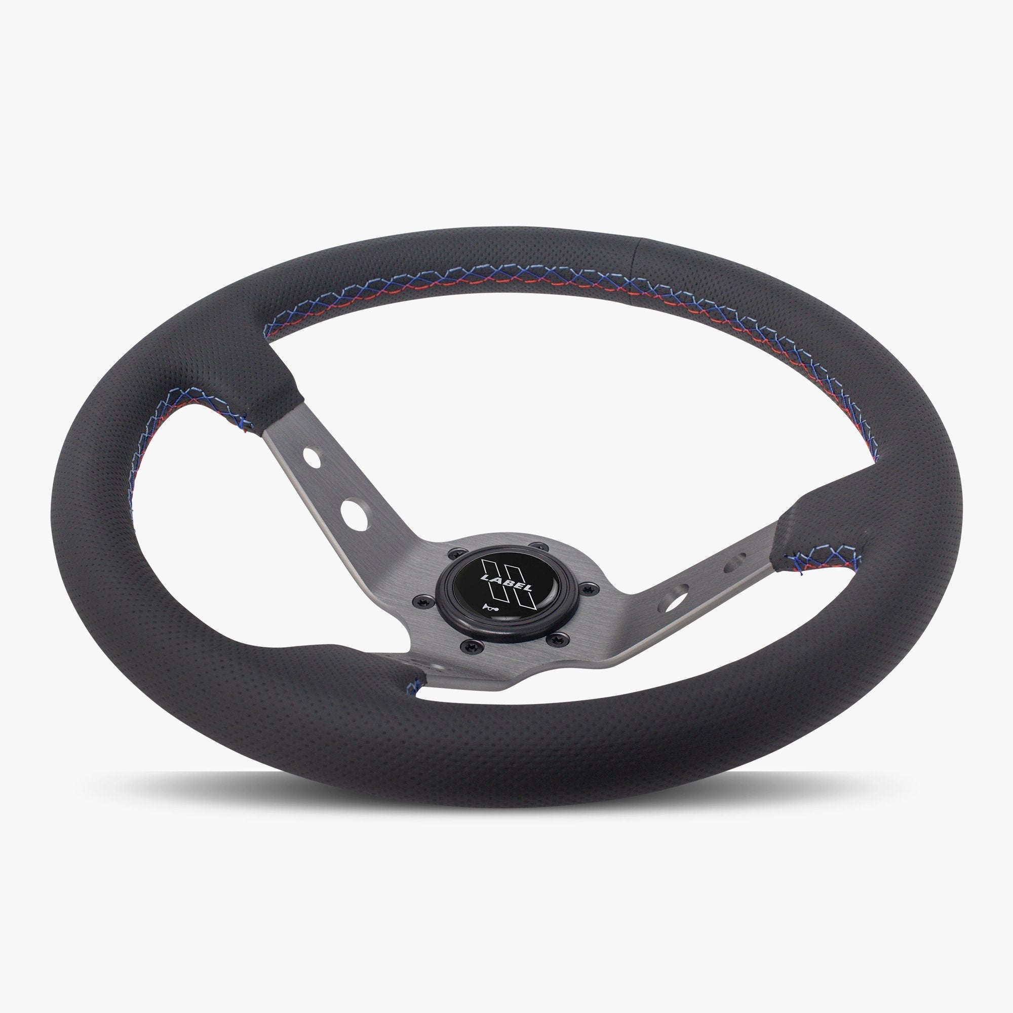 Label Gruppe Daytona Plus 350mm Steering Wheel | Black Perforated Leather | Graphite Spokes | Red Stitch