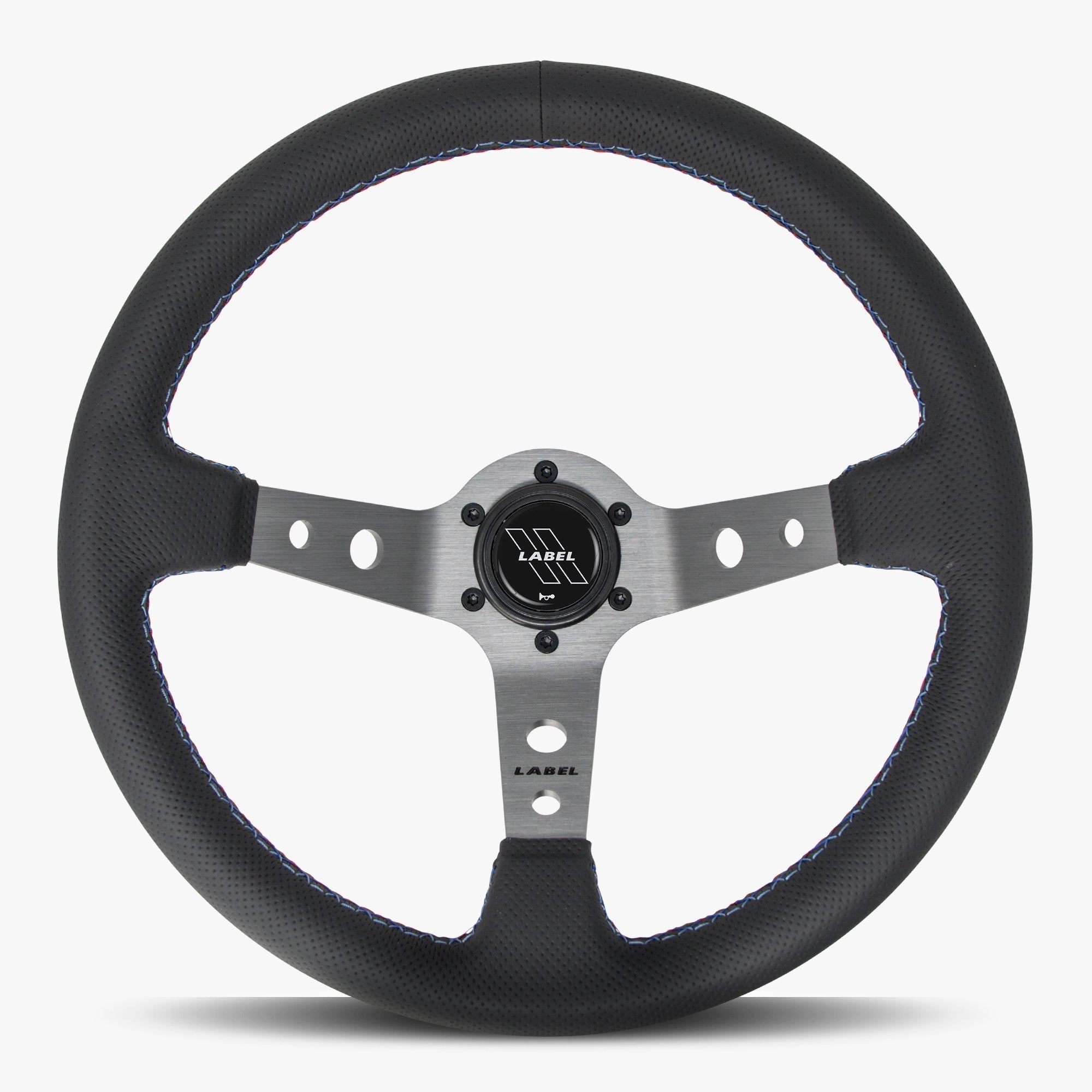 Label Gruppe Daytona Plus 350mm Steering Wheel | Black Perforated Leather | Graphite Spokes | Red Stitch