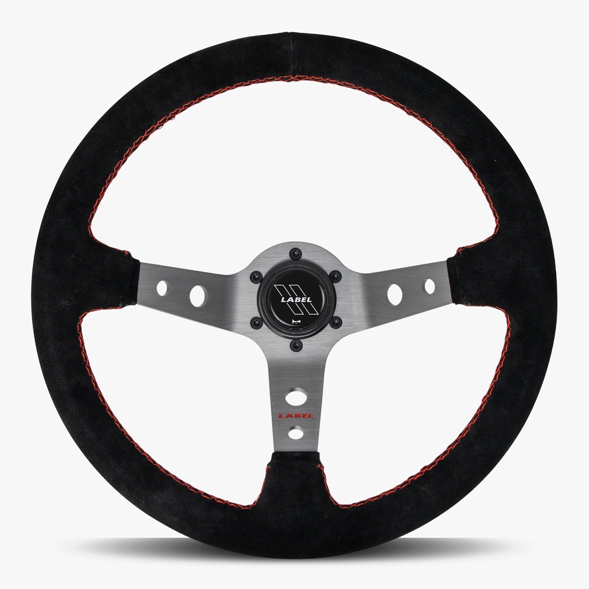 Label Gruppe Daytona 350mm Steering Wheel | Black Alcantara Suede | Graphite Spokes | Red Stitch