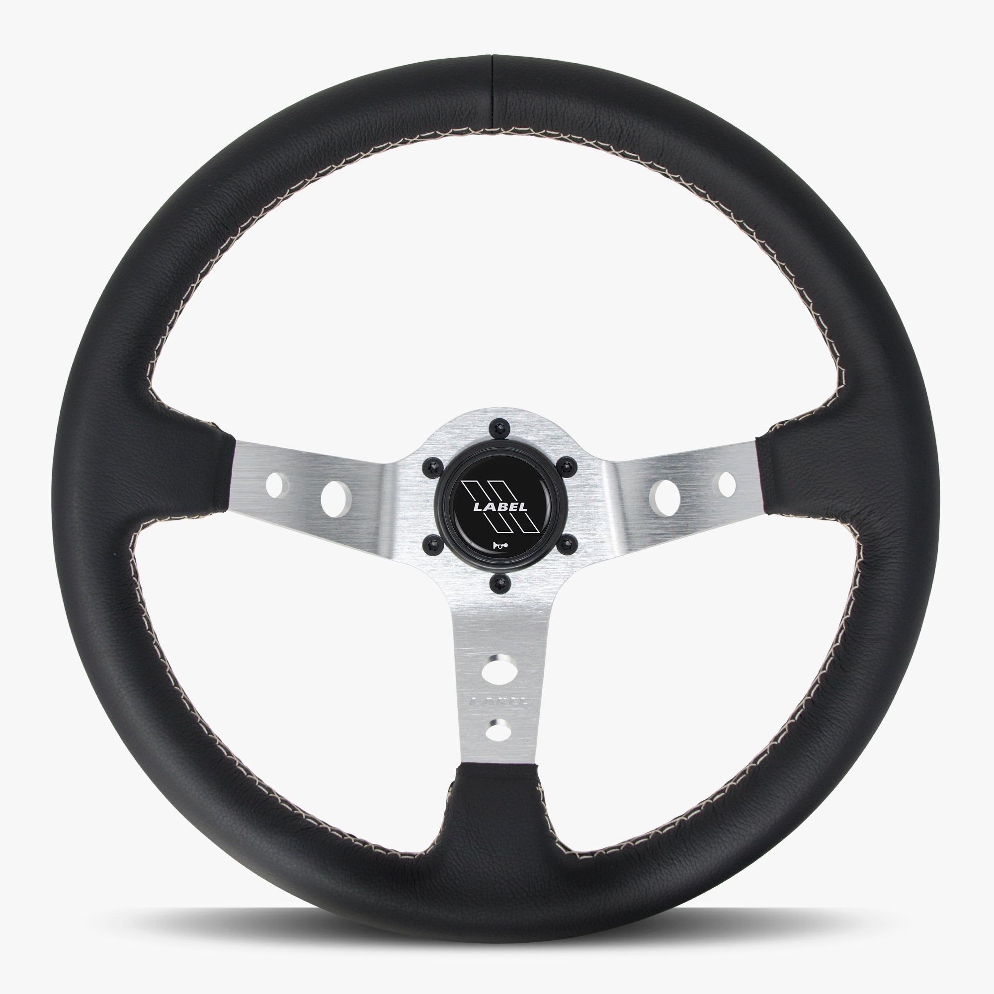 Label Gruppe Daytona 350mm Steering Wheel | Black Leather | Silver Spokes | White Stitch
