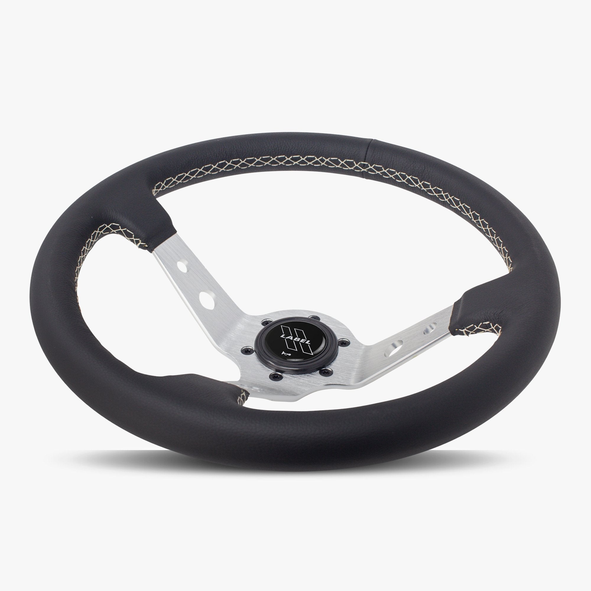 Label Gruppe Daytona 350mm Steering Wheel | Black Leather | Silver Spokes | White Stitch