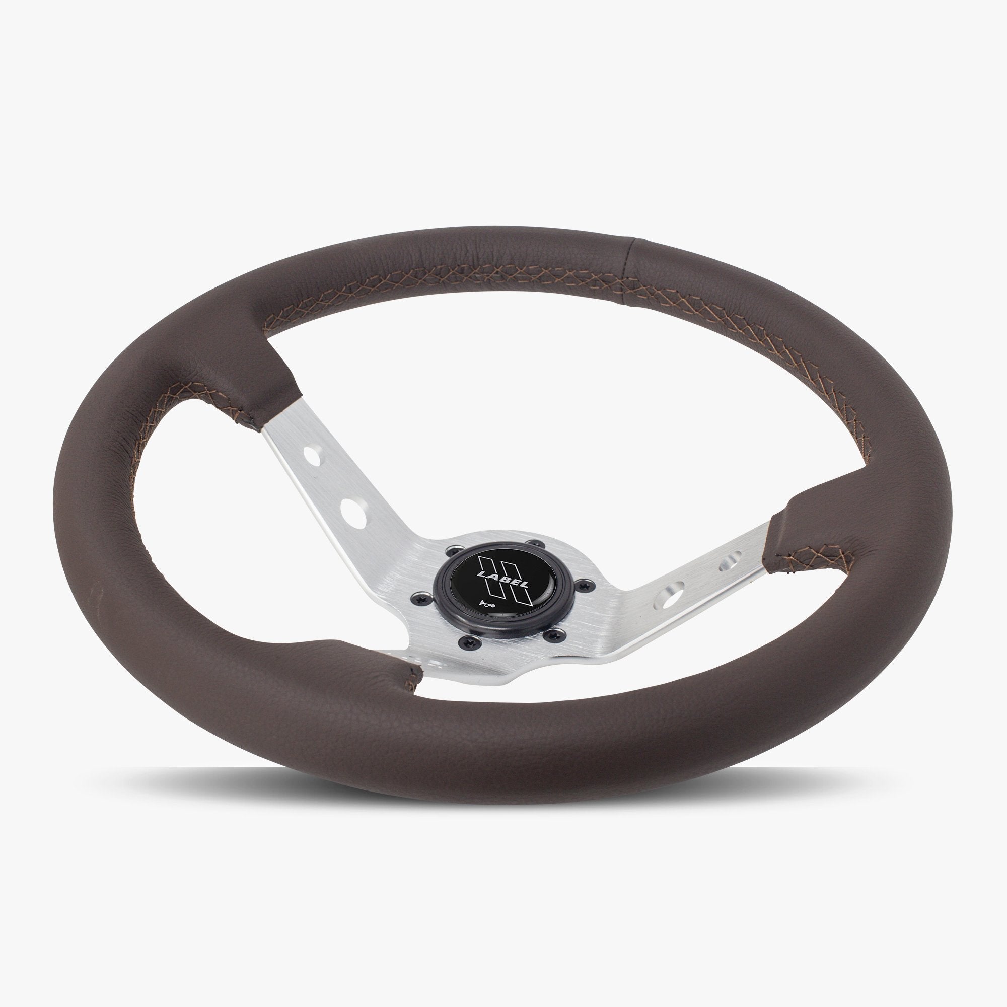 Label Gruppe Daytona 350mm Steering Wheel | Nappa Brown Leather | Silver Spokes | Brown Stitch