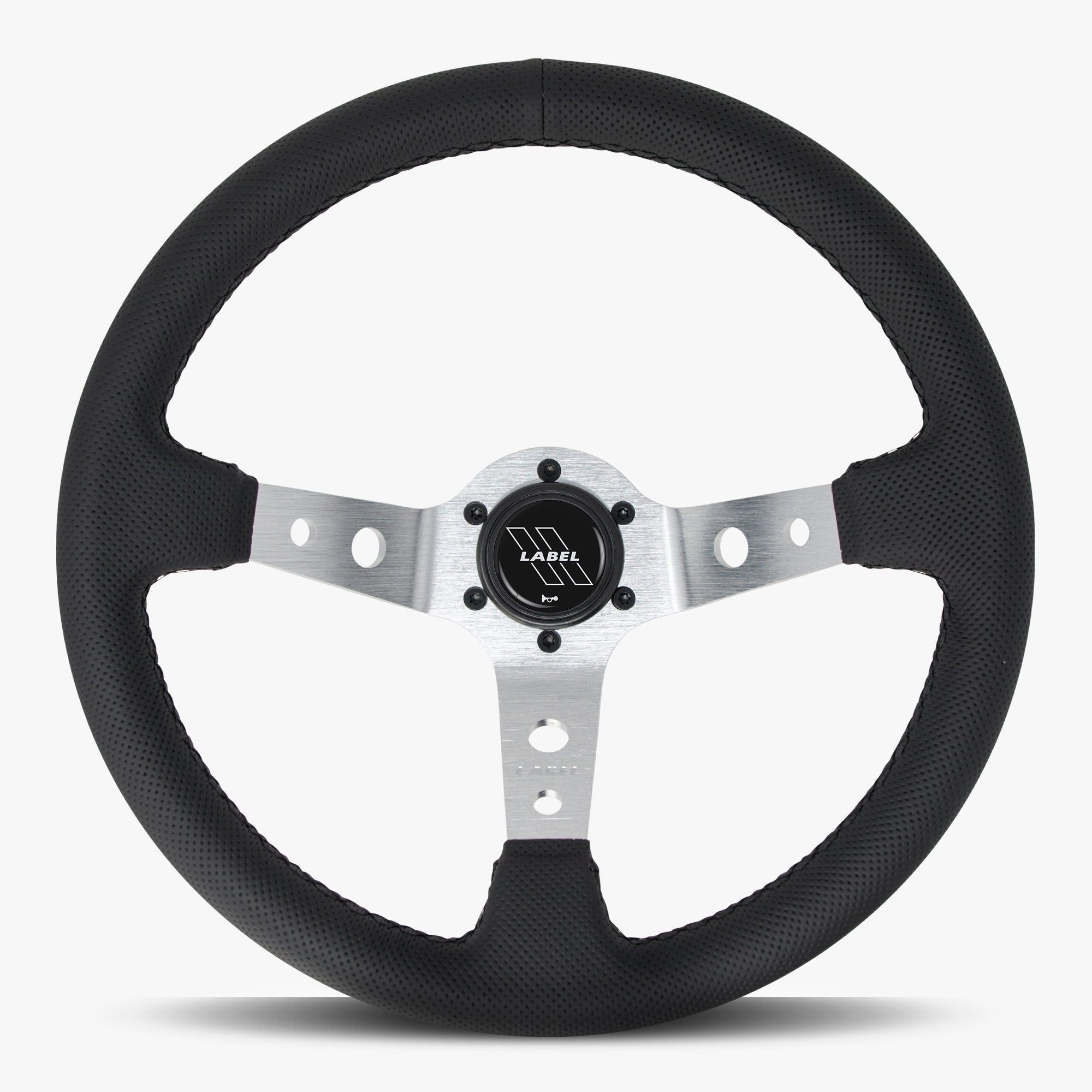 Label Gruppe Daytona 350mm Steering Wheel | Black Perforated Leather | Silver Spokes | Black Stitch