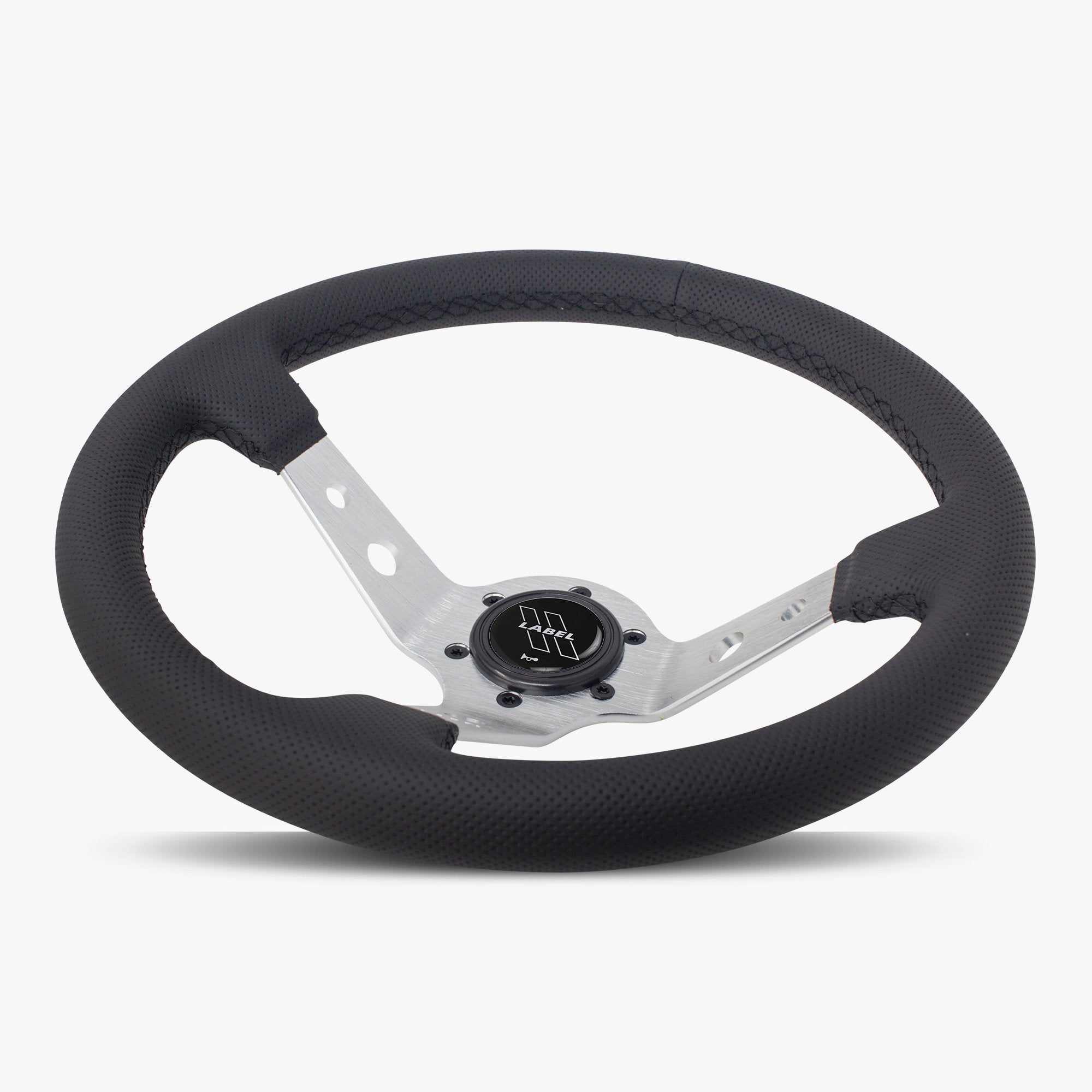 Label Gruppe Daytona 350mm Steering Wheel | Black Perforated Leather | Silver Spokes | Black Stitch