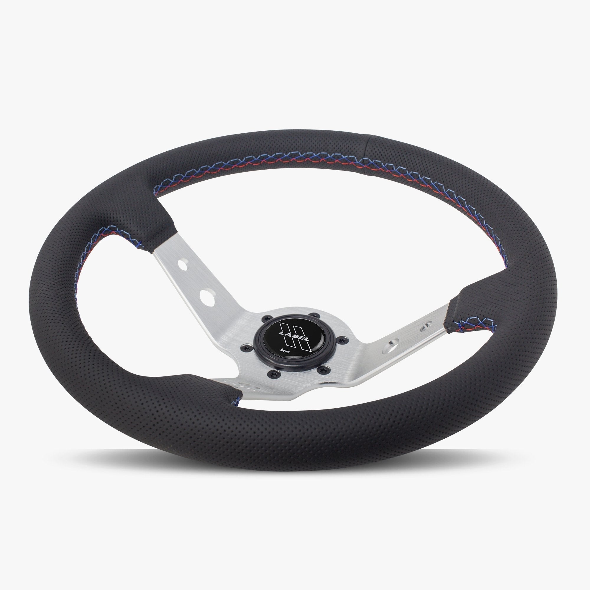 Label Gruppe Daytona 350mm Steering Wheel | Black Perforated Leather | Silver Spokes | Bavarian Stitch