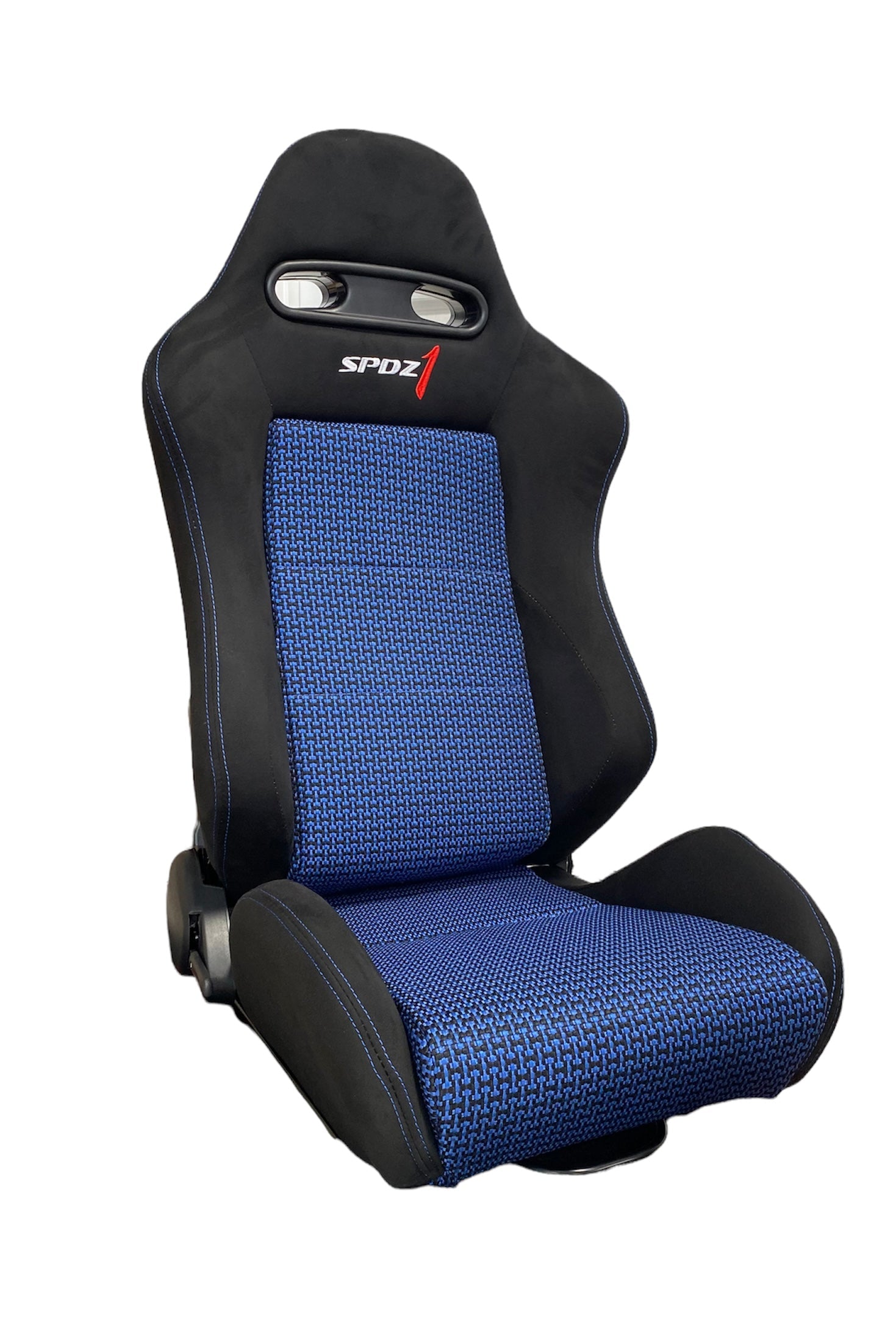 SPDZ1 Pole Position 7 Racing Seats Black Cloth/Blue Kevlar Mesh Center Reclinable - Blue Stitch