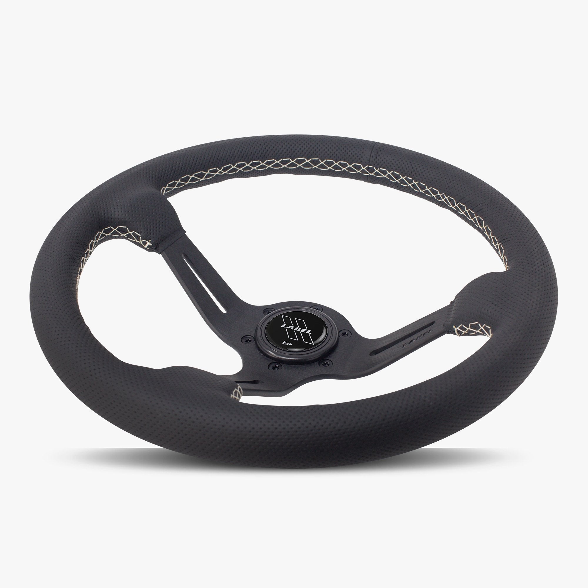 Label Gruppe Le Mans 350mm Steering Wheel | Black Perforated Leather | Black Spokes | White Stitch